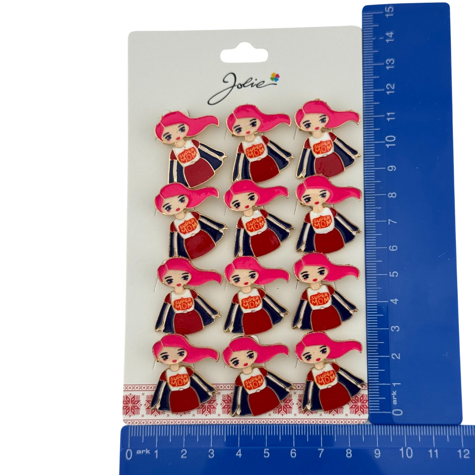 Set 12 Brose Martisor Primavara, Model Fata, cu Mesaj Super Mom, Multicolor