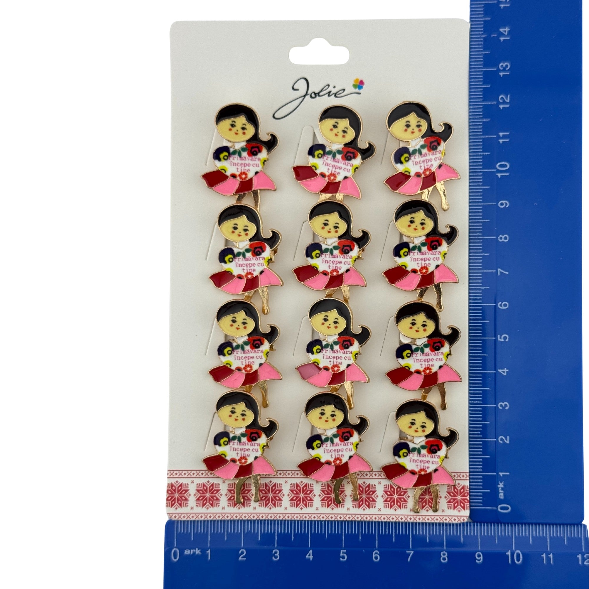 Set 12 Brose Martisor Primavara, Model Fata, Mesaj Primavara Incepe cu Tine, Multicolor