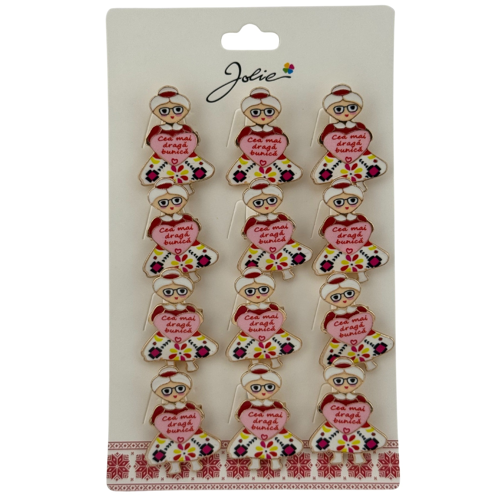 Set 12 Brose Martisor Primavara, Model Femeie, Mesaj Cea Mai Draga Bunica, Multicolor