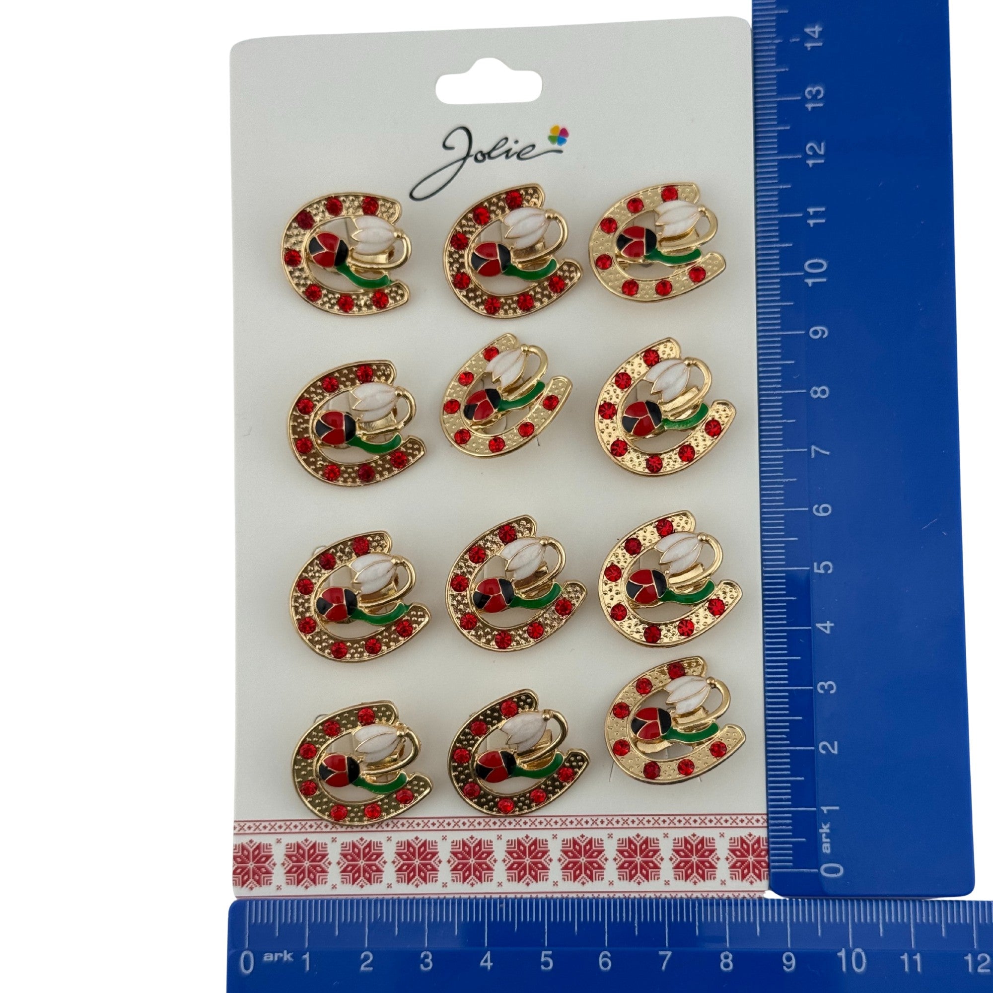Set 12 Brose Martisor Primavara, Model Potcoava cu Pietre, Buburuza si Floare, Multicolor