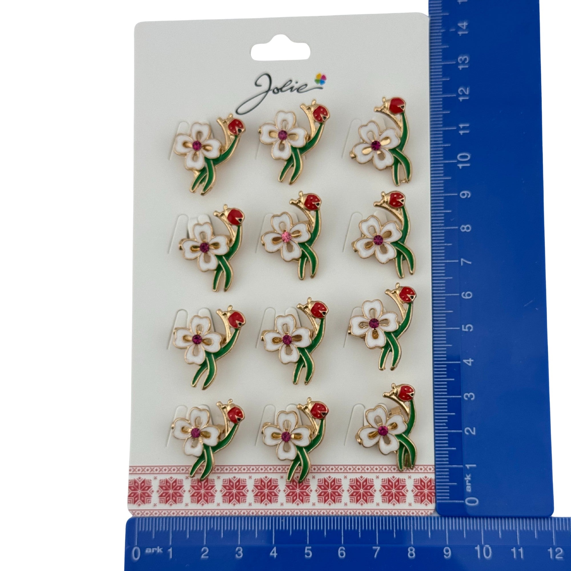 Set 12 Brose Martisor Primavara, Model Trifoi cu Buburuza, Verde Alb Rosu