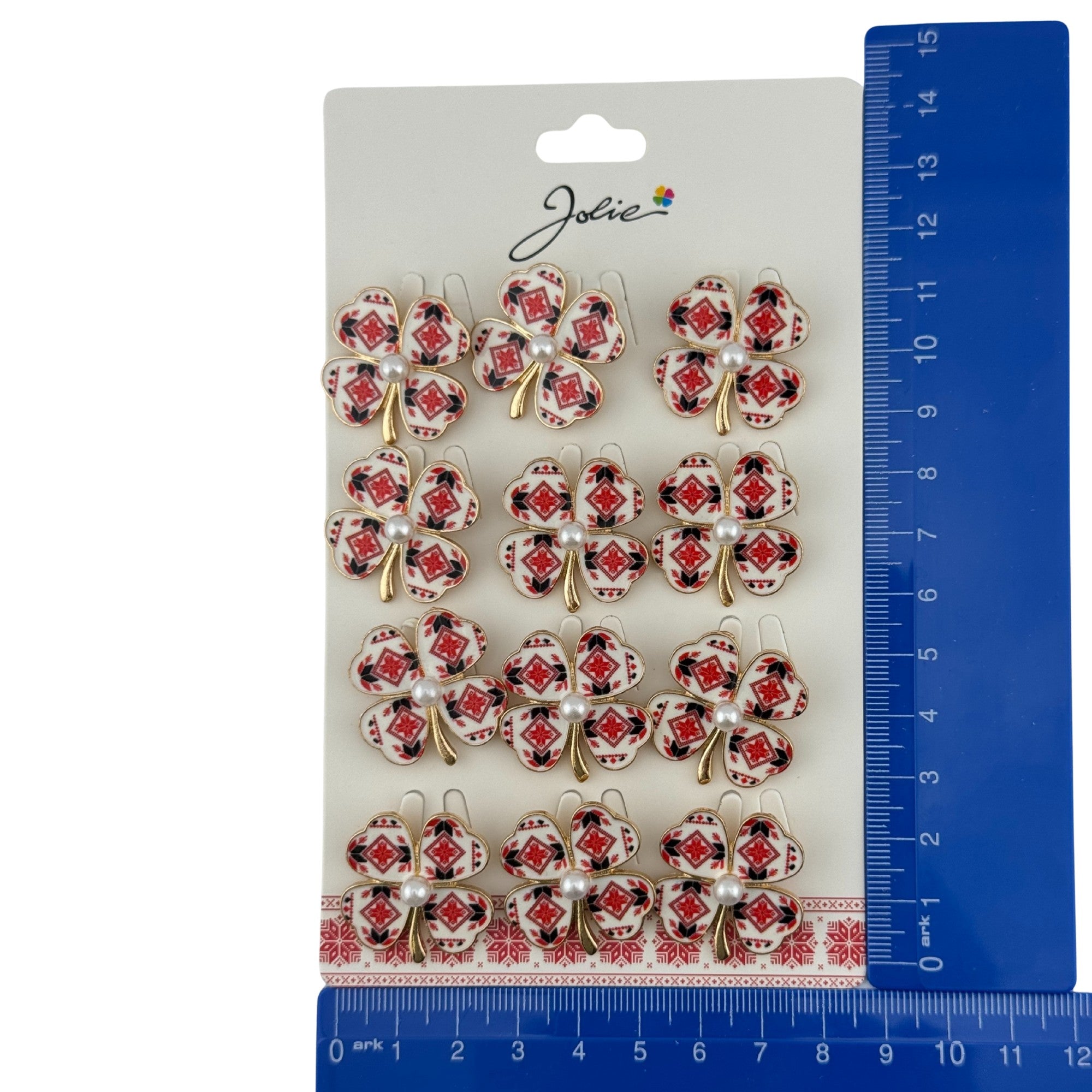 Set 12 Brose Martisor Primavara, Model Trifoi Traditional cu Perla, Rosu