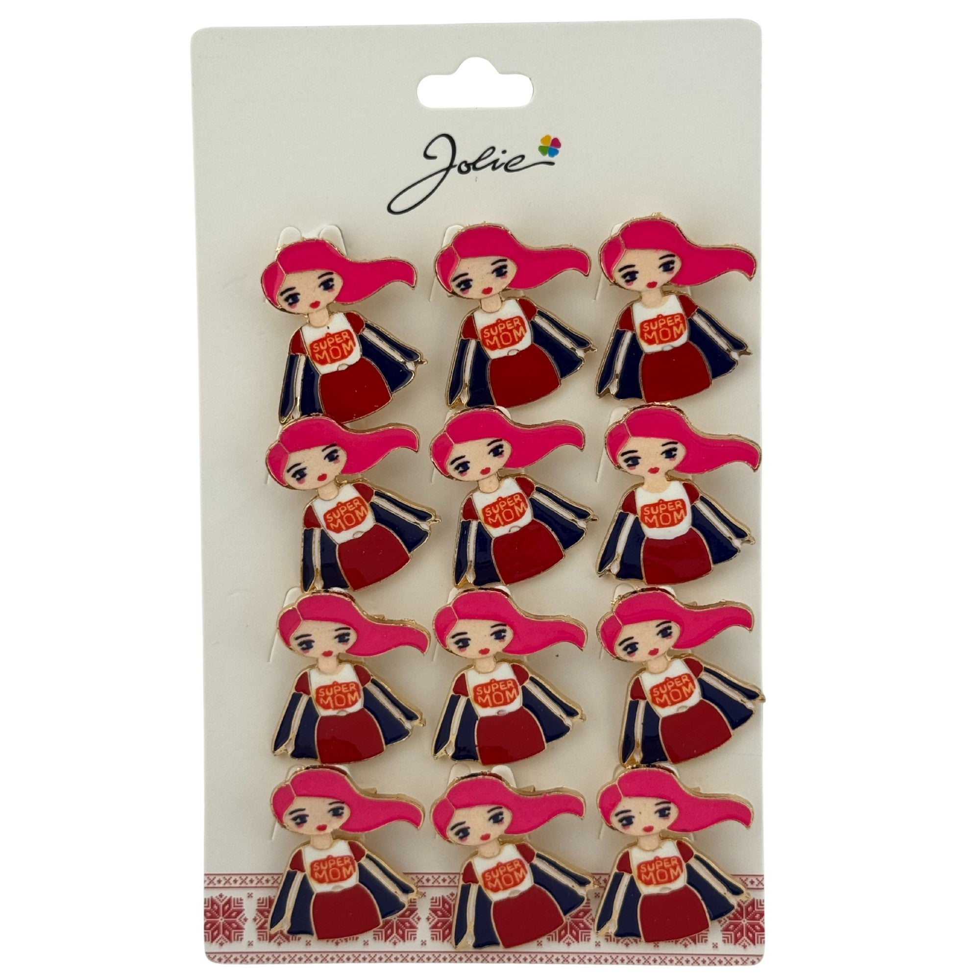 Set 12 Brose Martisor Primavara, Model Fata, cu Mesaj Super Mom, Multicolor
