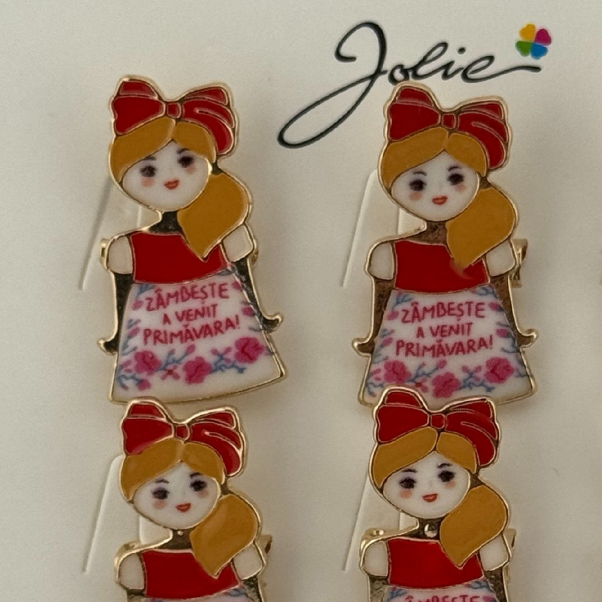 Set 12 Brose Martisor Primavara, Model Fata, Mesaj Zambeste a Venit Primavara, Multicolor