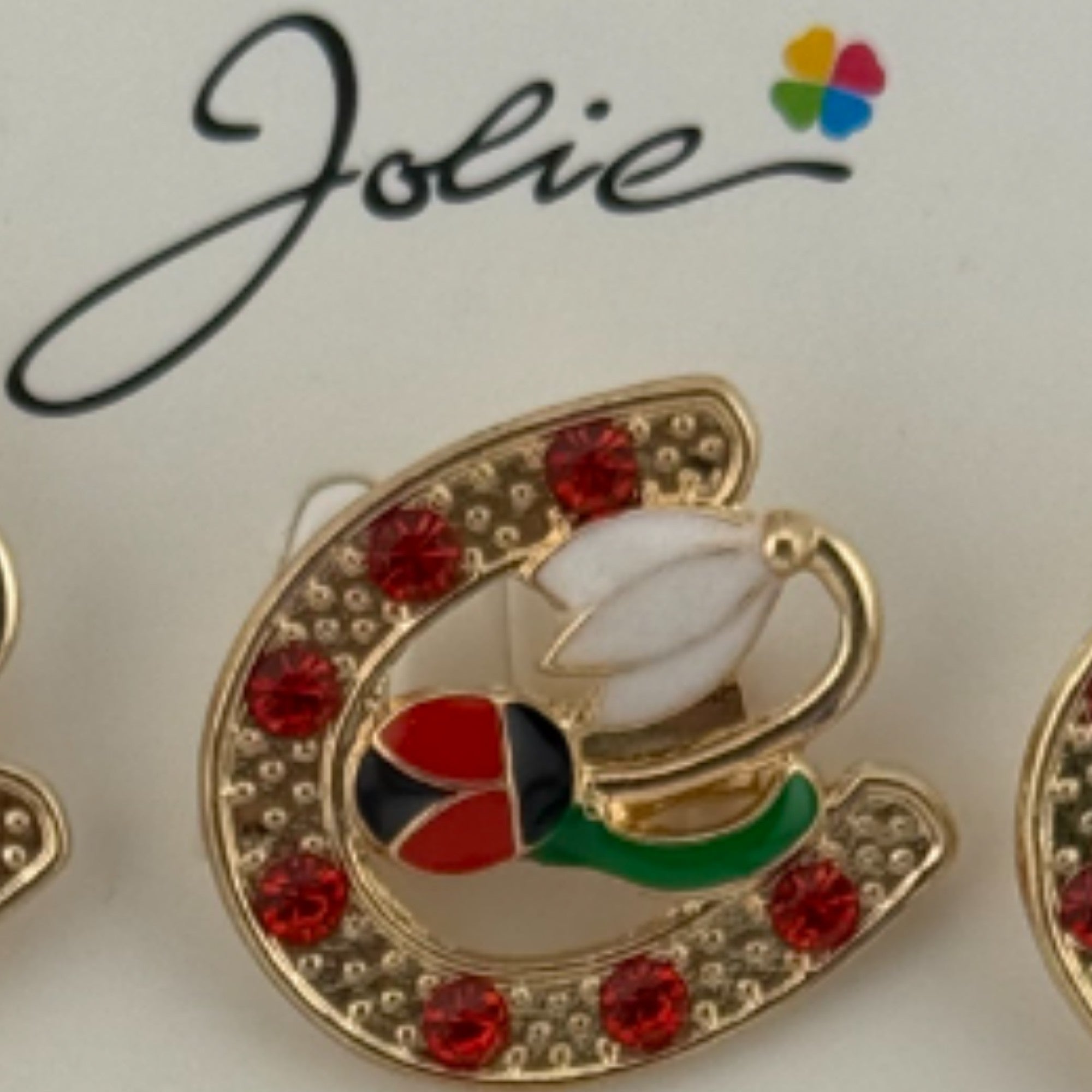 Set 12 Brose Martisor Primavara, Model Potcoava cu Pietre, Buburuza si Floare, Multicolor