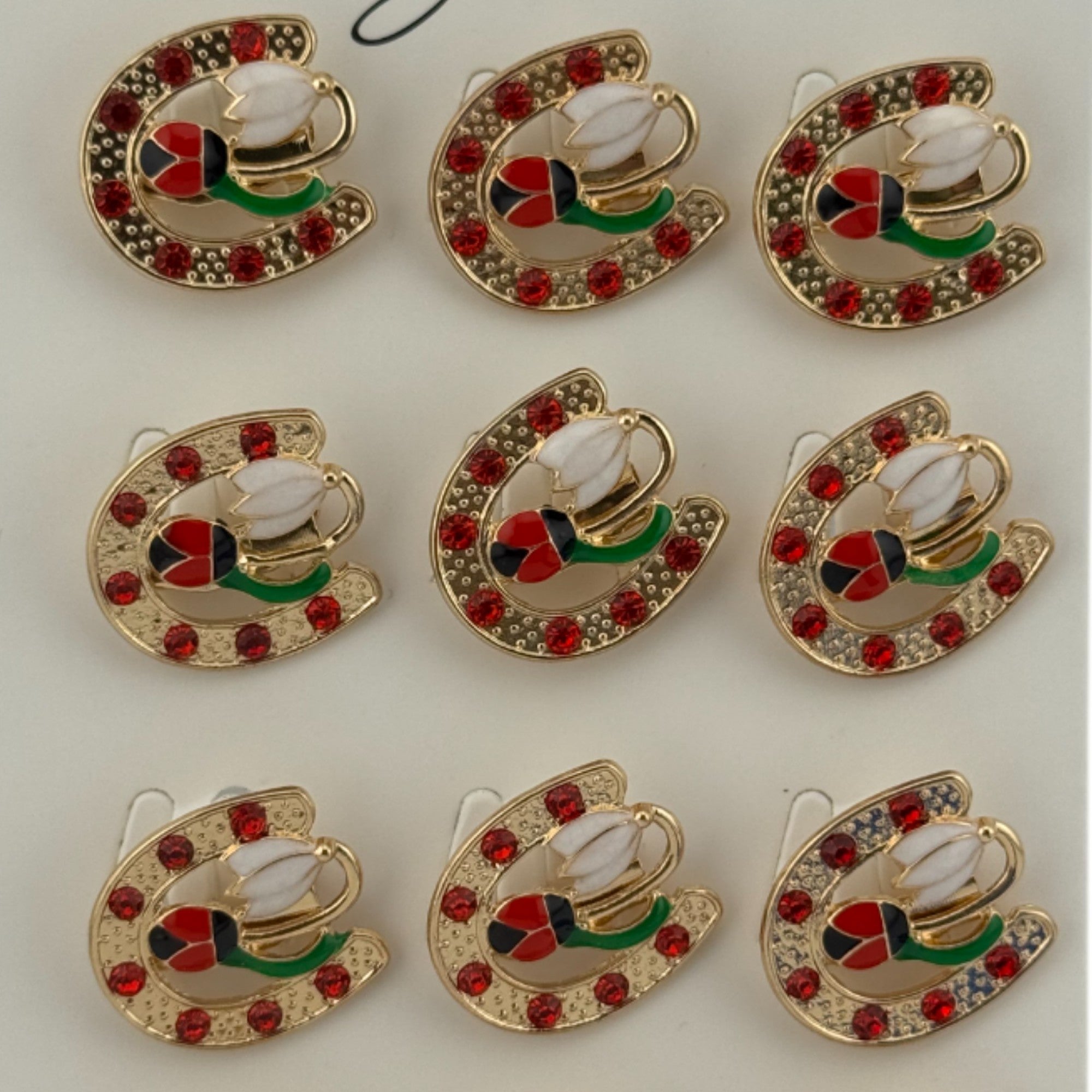 Set 12 Brose Martisor Primavara, Model Potcoava cu Pietre, Buburuza si Floare, Multicolor