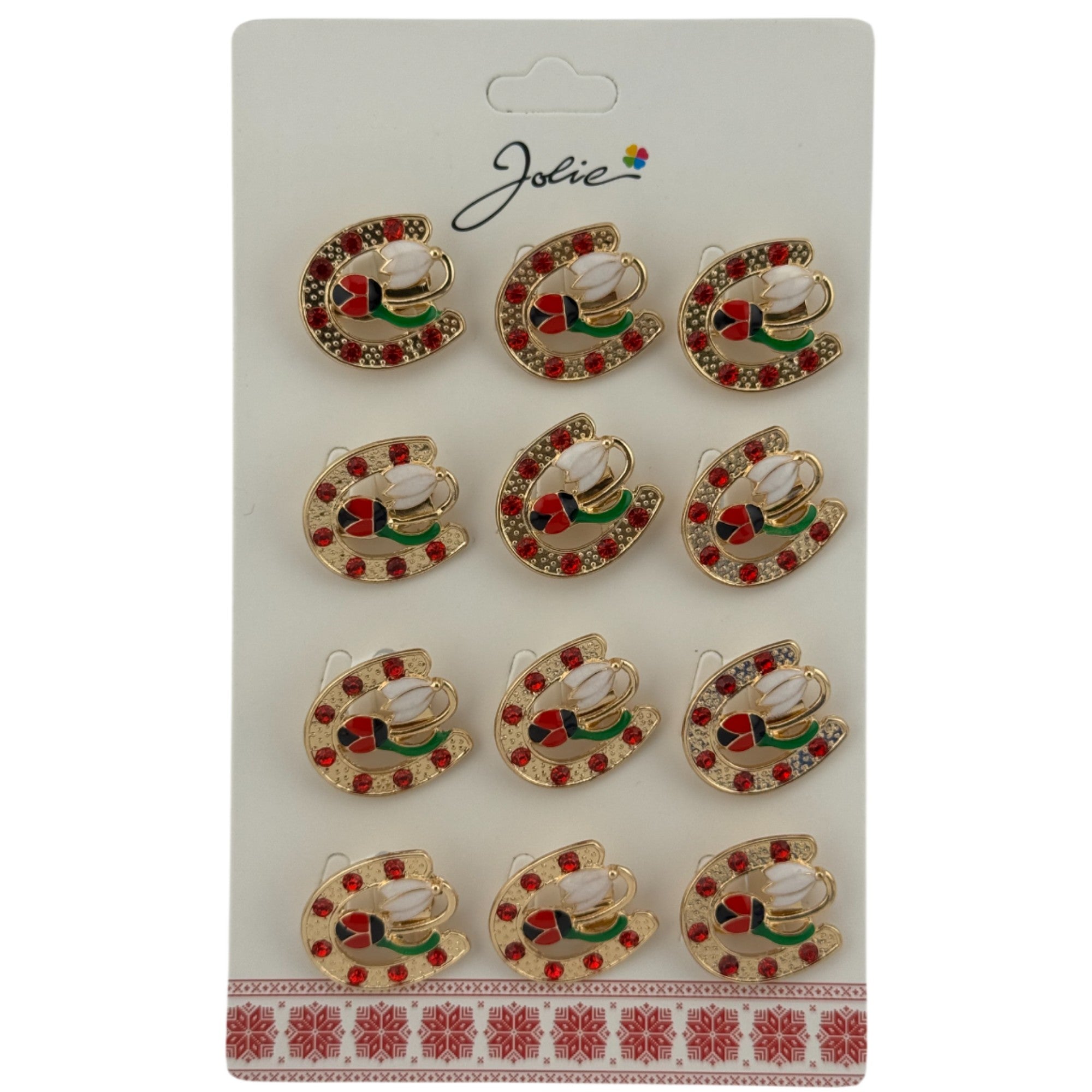 Set 12 Brose Martisor Primavara, Model Potcoava cu Pietre, Buburuza si Floare, Multicolor