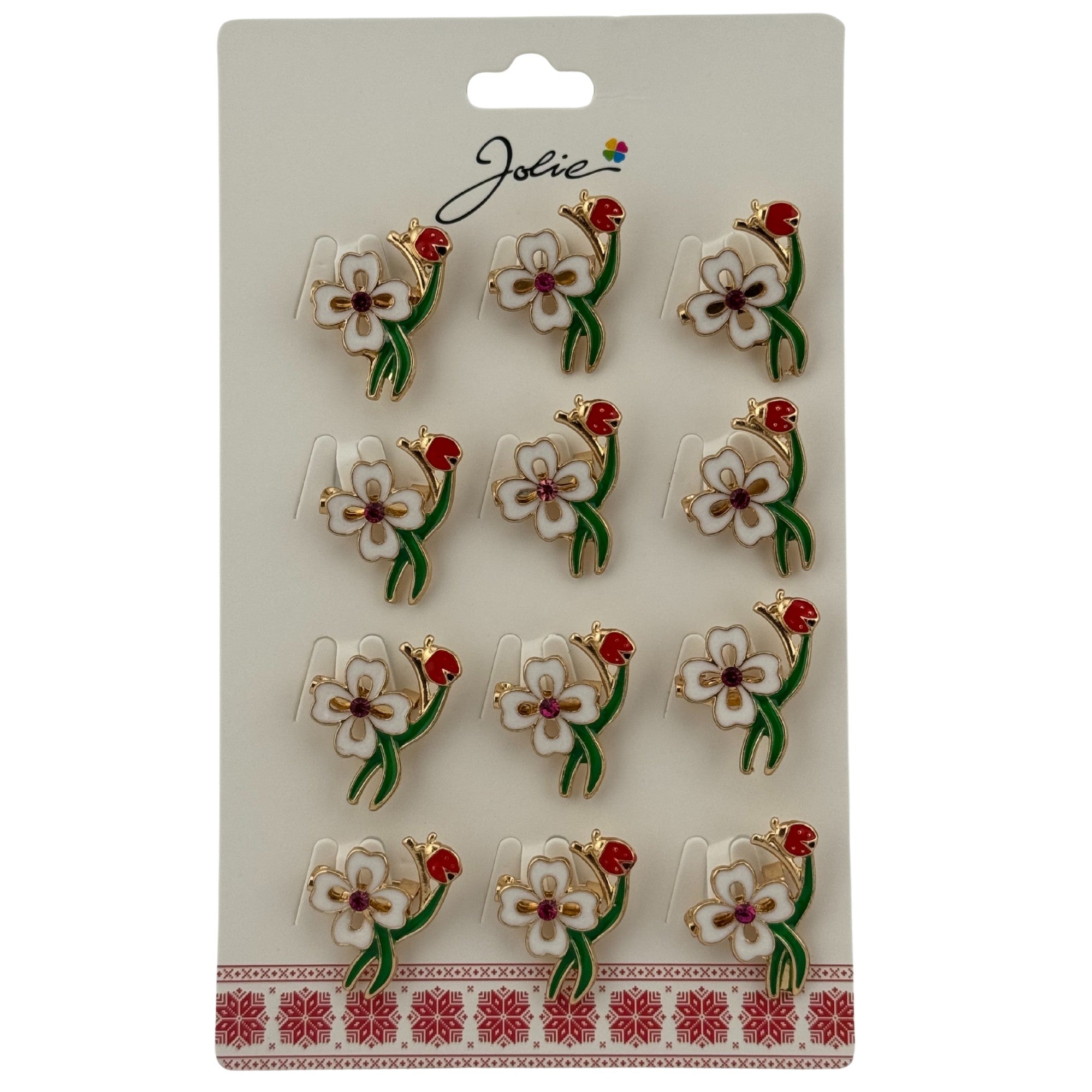 Set 12 Brose Martisor Primavara, Model Trifoi cu Buburuza, Verde Alb Rosu