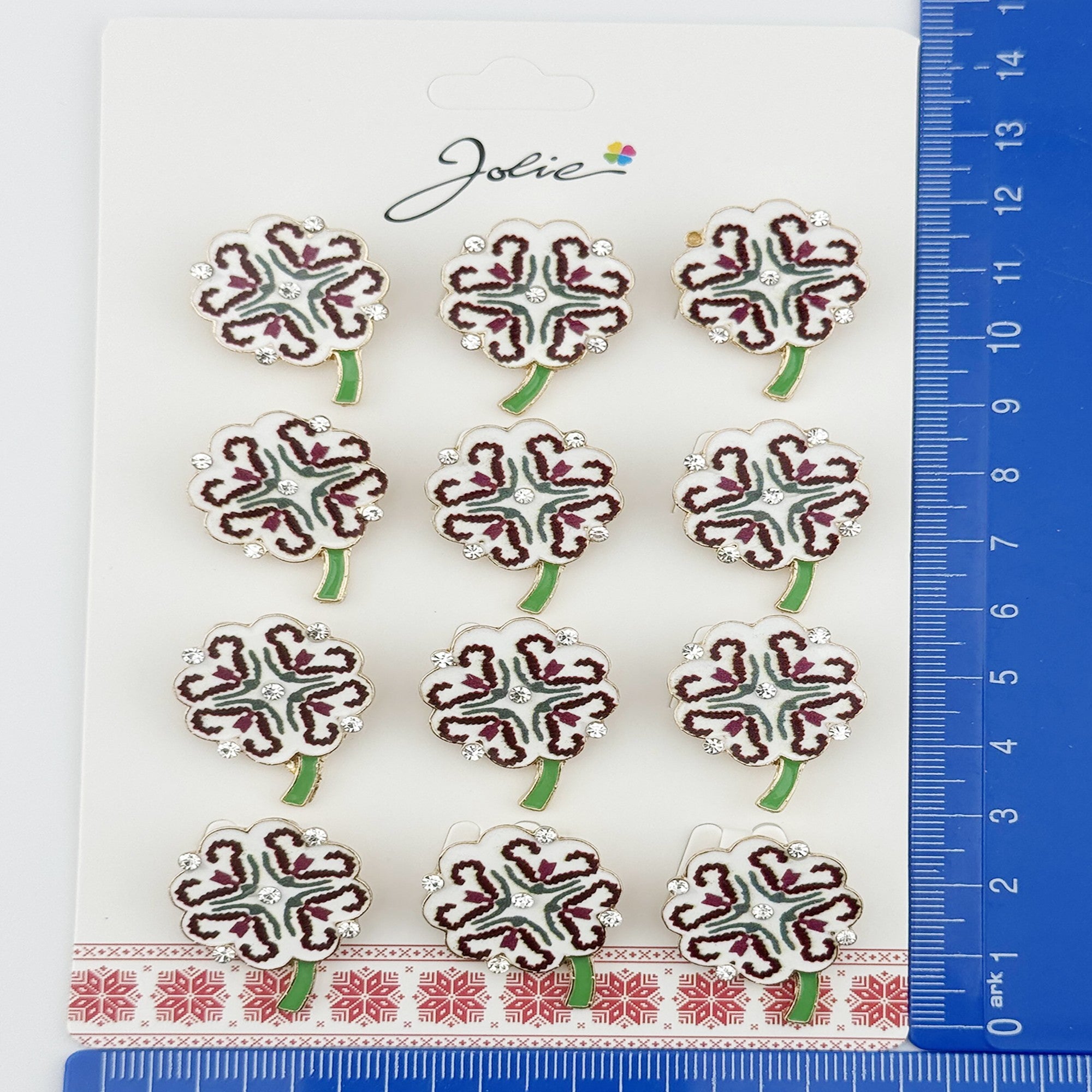 Brose Martisor, Jolie, Set 12 Bucati, Model Trifoi Traditional, Metal, 3 cm, Alb