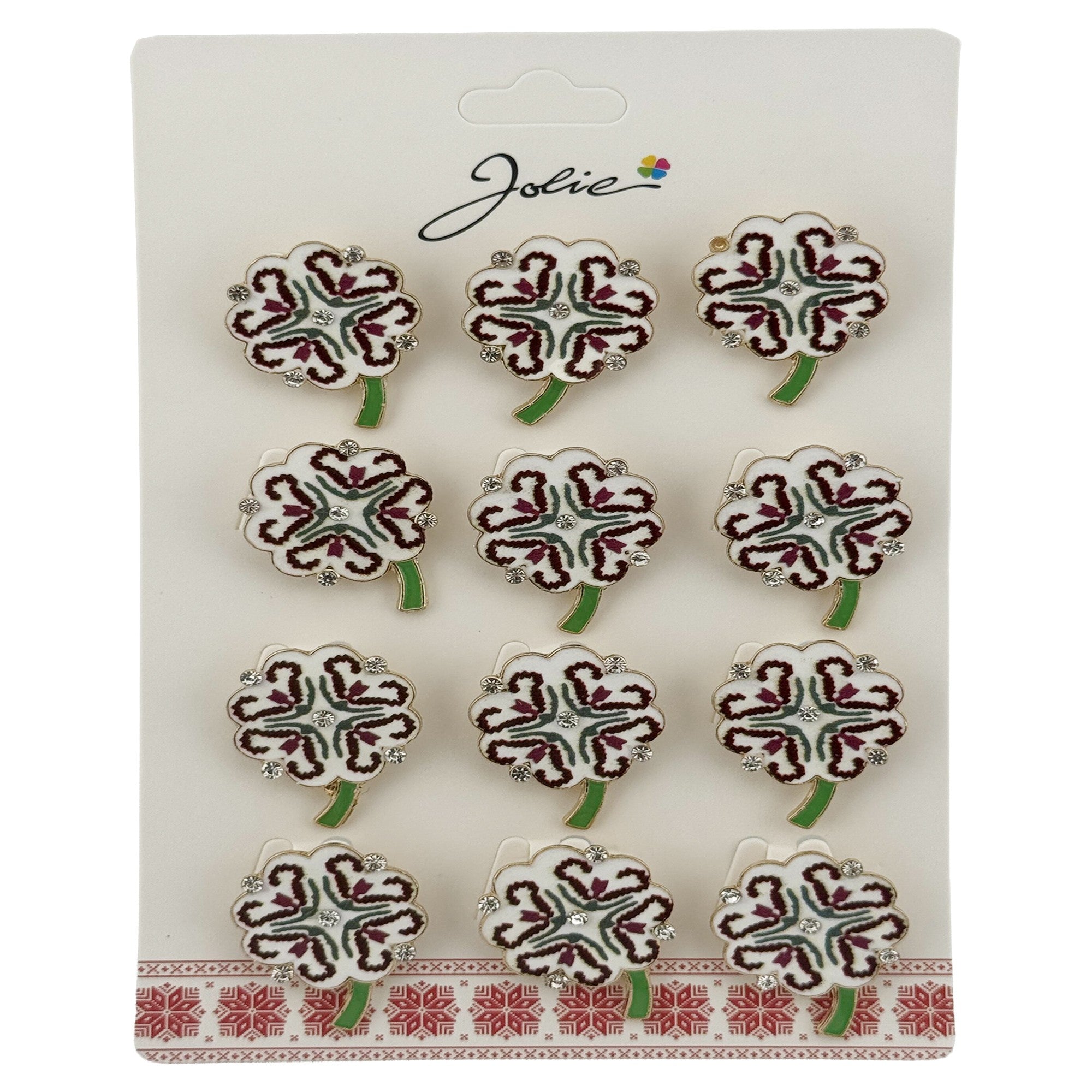 Brose Martisor, Jolie, Set 12 Bucati, Model Trifoi Traditional, Metal, 3 cm, Alb