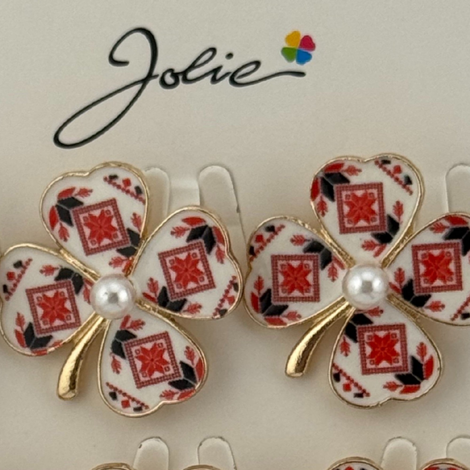 Set 12 Brose Martisor Primavara, Model Trifoi Traditional cu Perla, Rosu