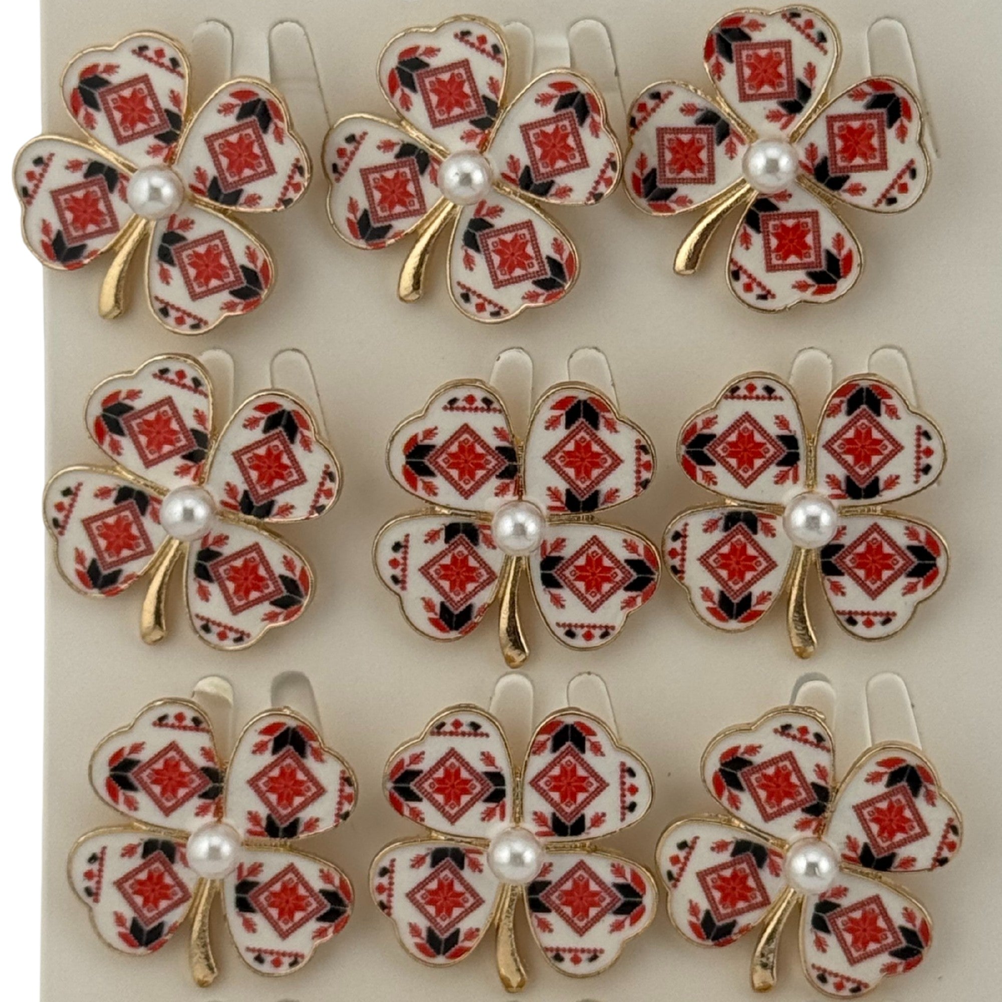 Set 12 Brose Martisor Primavara, Model Trifoi Traditional cu Perla, Rosu