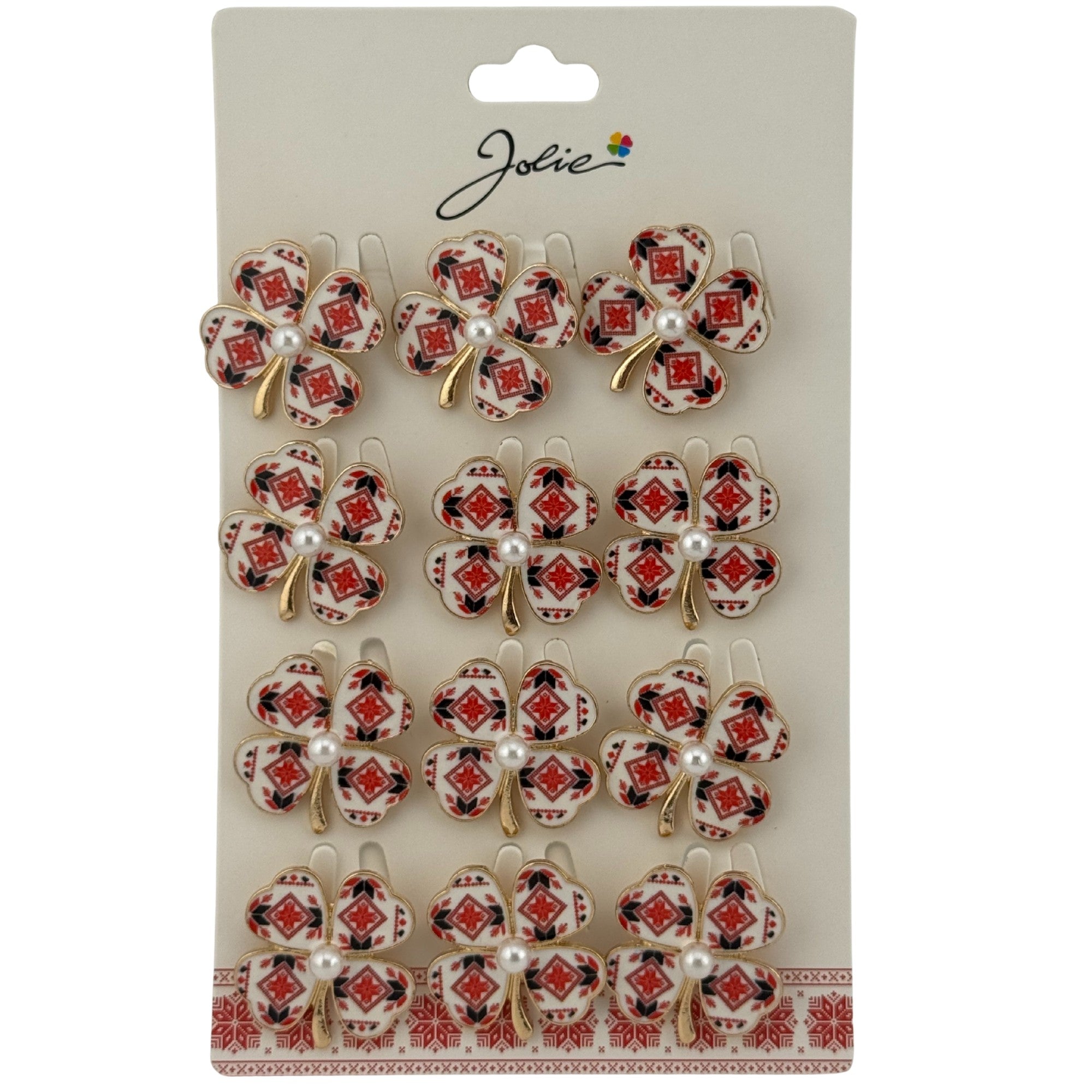 Set 12 Brose Martisor Primavara, Model Trifoi Traditional cu Perla, Rosu