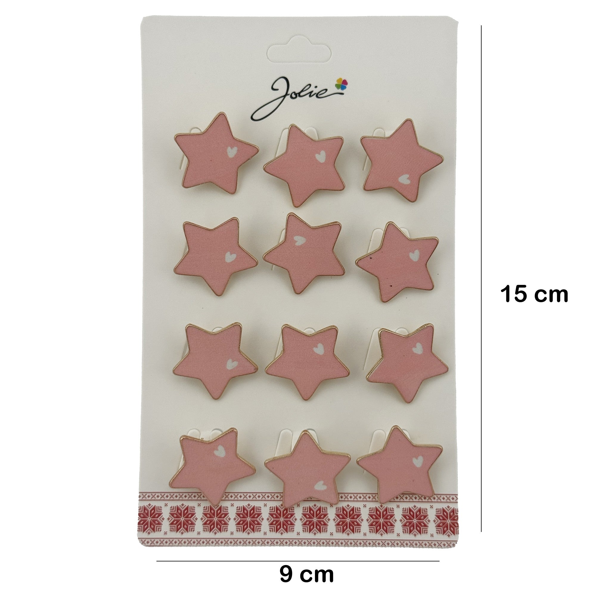 Set 12 Brose Martisor Stea cu Inima Copii, Brose din Metal, Aspect Lacuit, 2 x 2 cm per Unitate, Roz