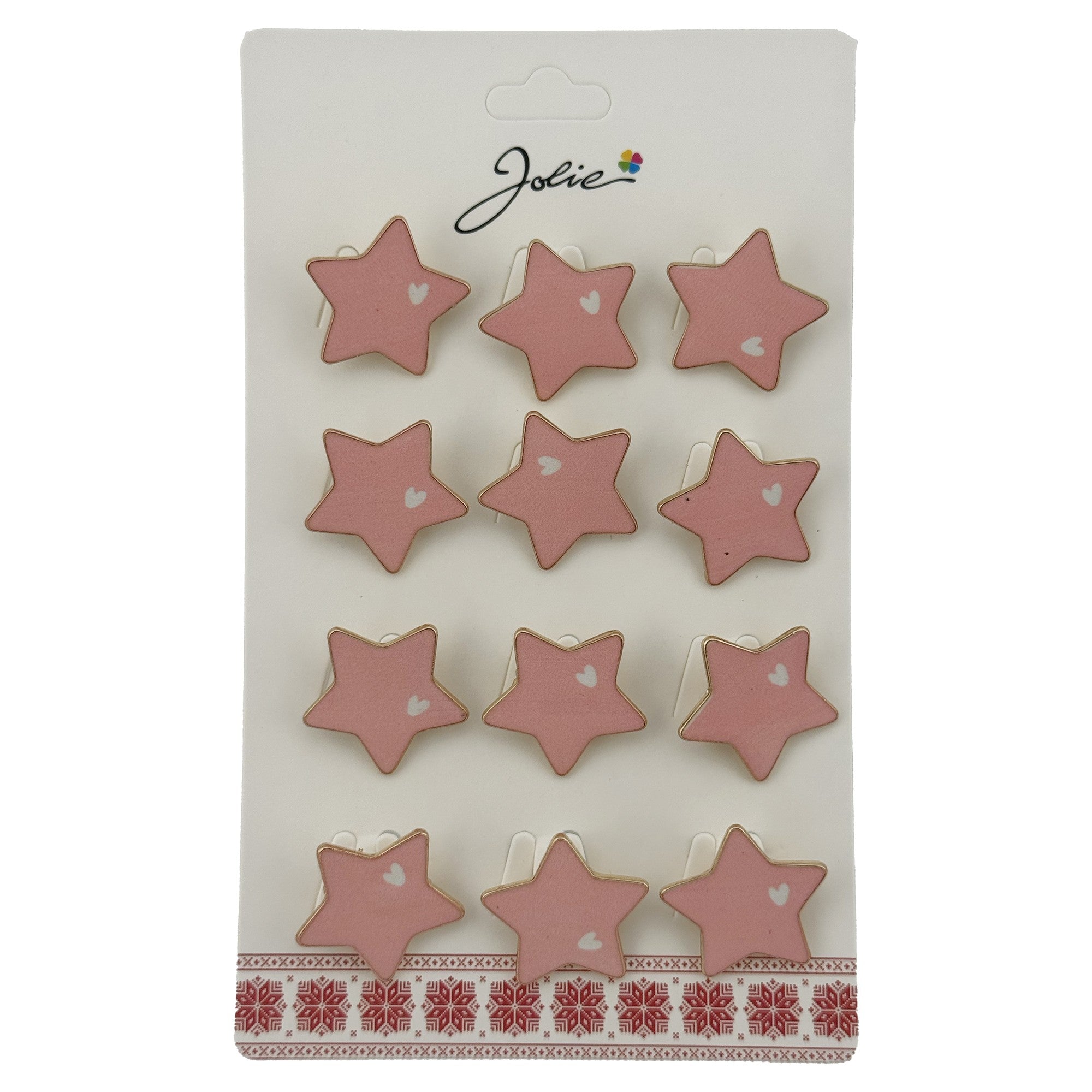 Set 12 Brose Martisor Stea cu Inima Copii, Brose din Metal, Aspect Lacuit, 2 x 2 cm per Unitate, Roz