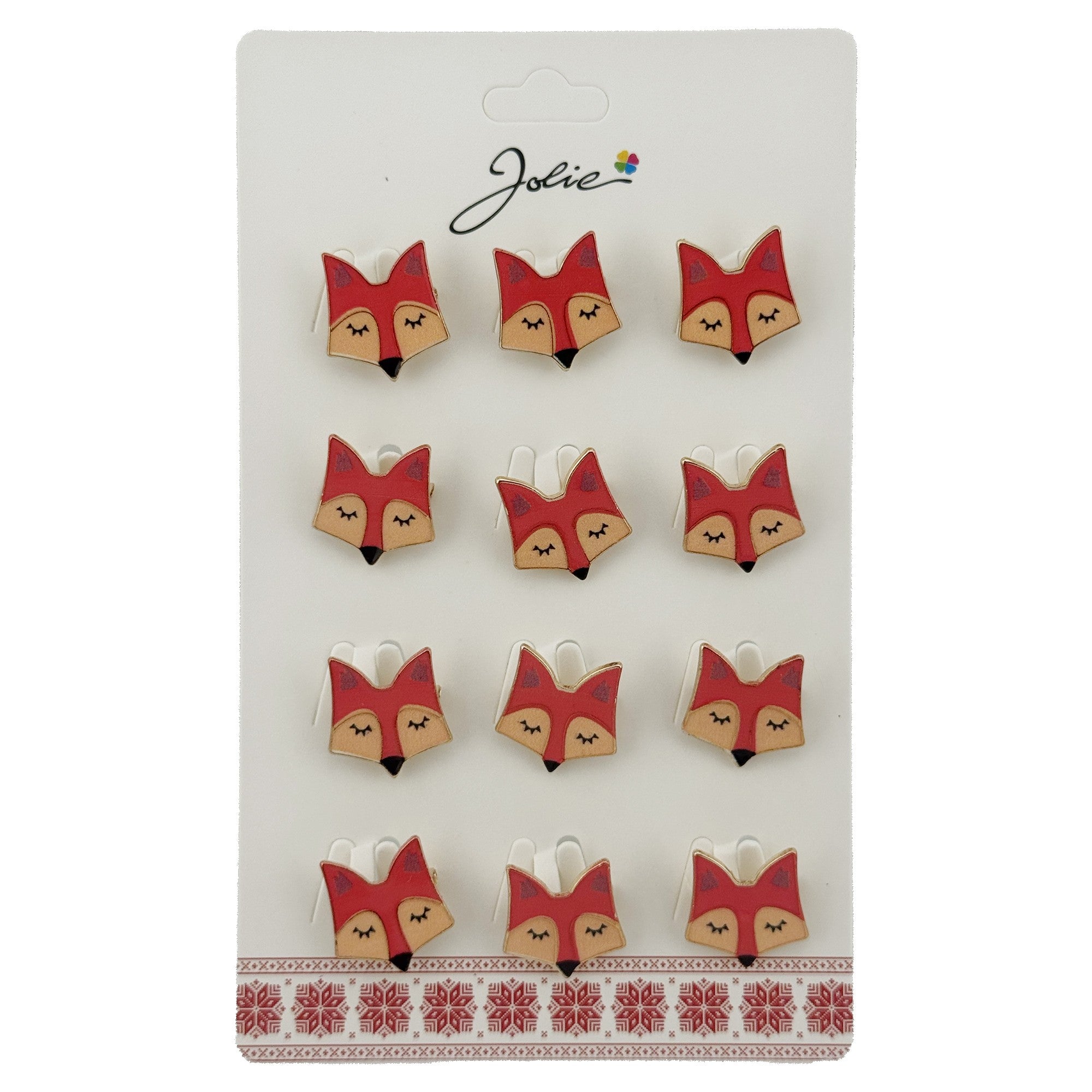 Set 12 Brose Martisor Traditional, Model Vulpe, Brose din Metal, Aspect Lacuit, 2,5 x 2,5 cm per Unitate, Rosu