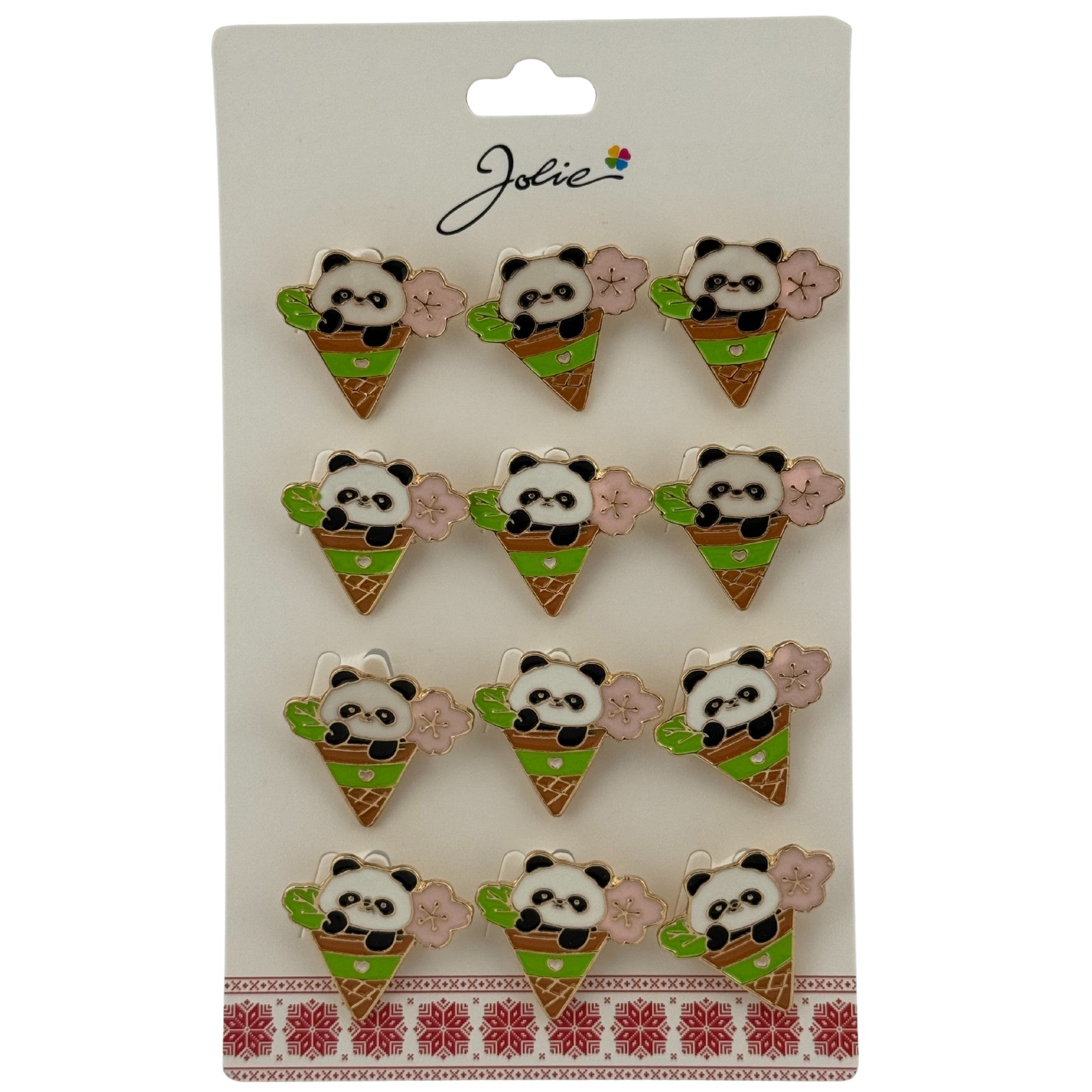 Set 12 Brose Martisor pentru Copii, Jolie, Model Urs Panda in Con de Inghetata, Multicolor