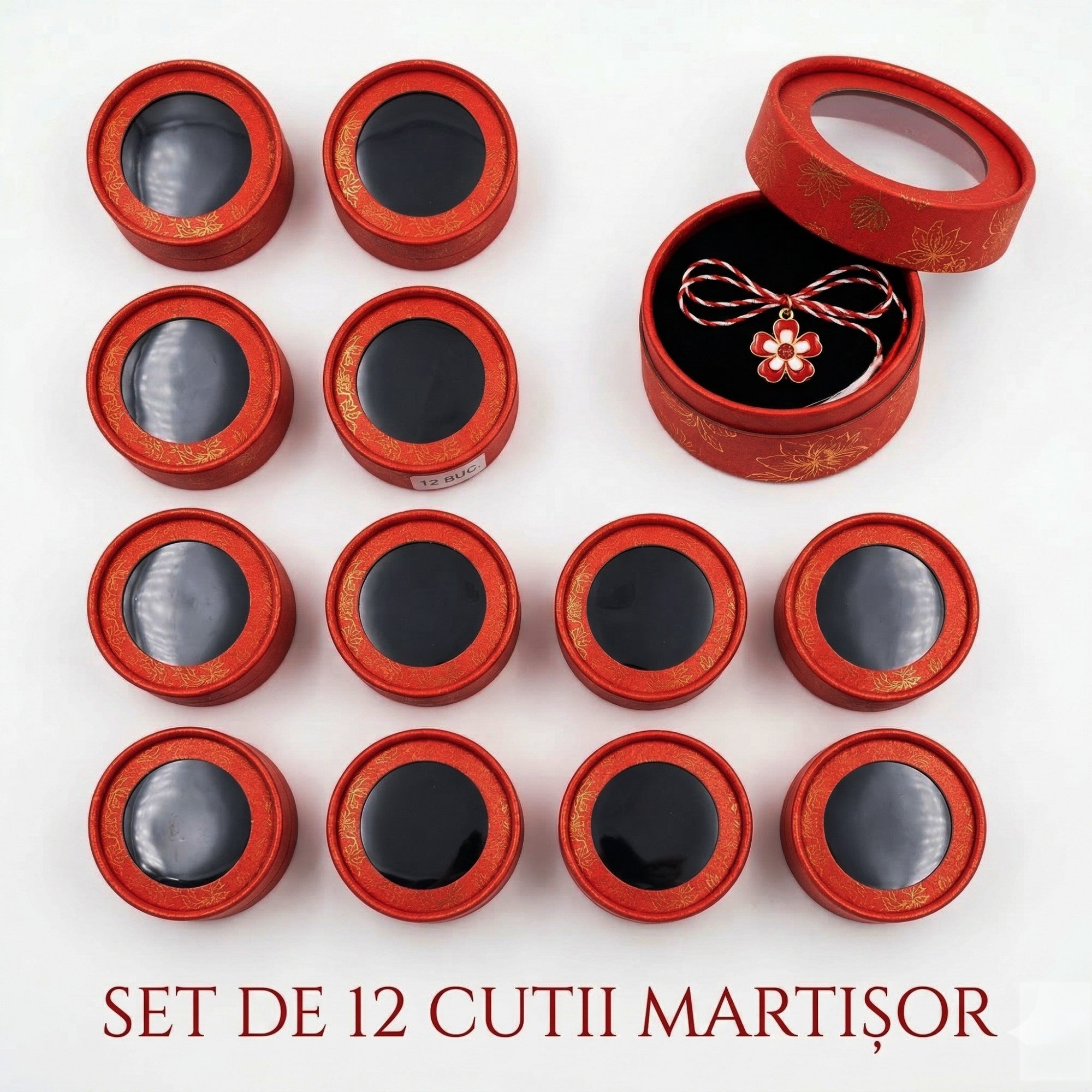 Set 12 Cutii pentru Martisoare si Brose, Model Rotund cu Display, 8 cm,Rosu