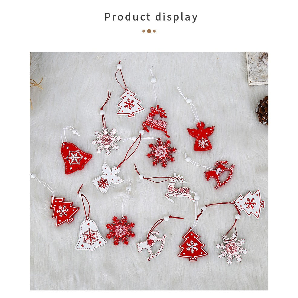 Set 12 Decoratiuni de Craciun din Lemn, cu Snur pentru Agatare in Brad, Model Brazi si Ingerasi, Alb-Rosu