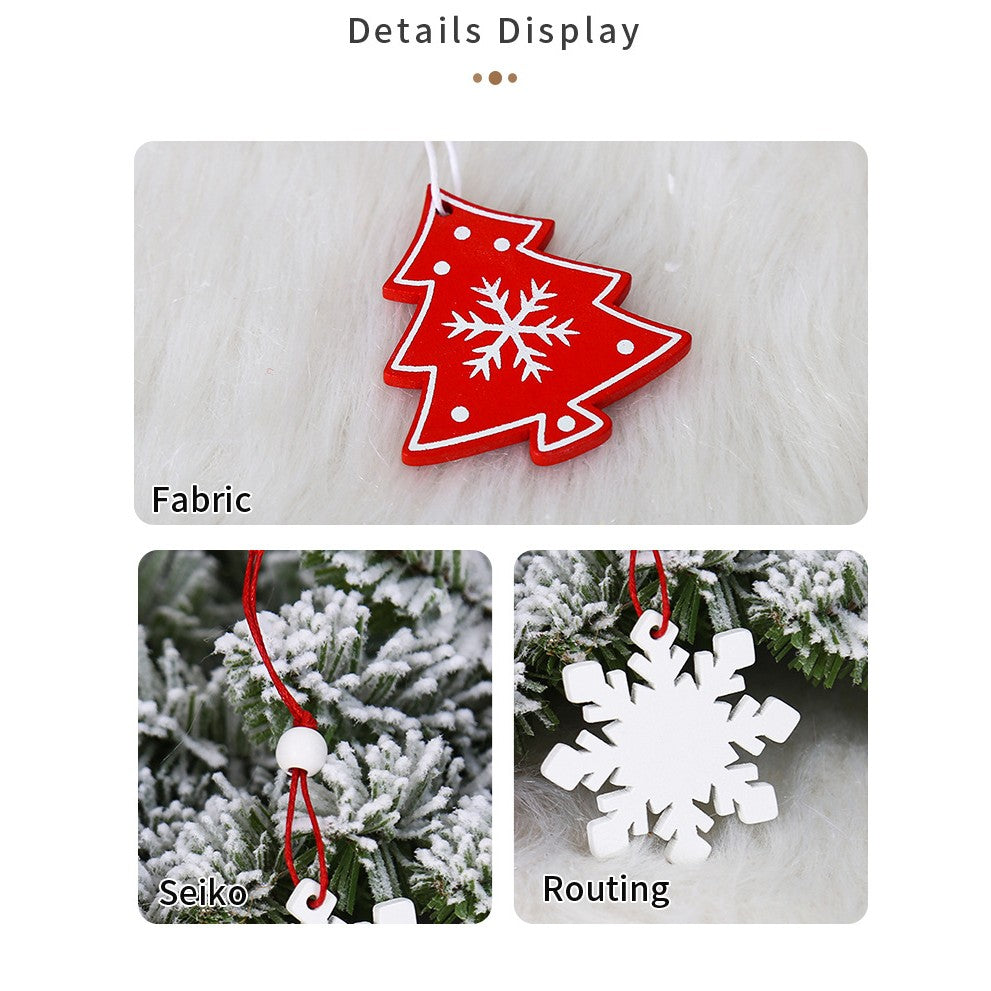 Set 12 Decoratiuni de Craciun din Lemn, cu Snur pentru Agatare in Brad, Model Brazi si Ingerasi, Alb-Rosu