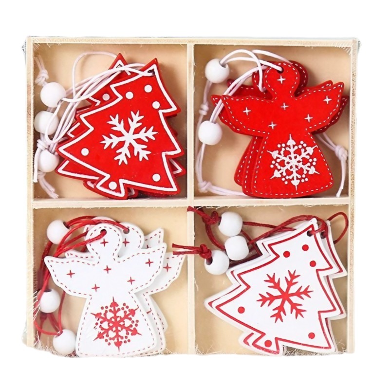 Set 12 Decoratiuni de Craciun din Lemn, cu Snur pentru Agatare in Brad, Model Brazi si Ingerasi, Alb-Rosu