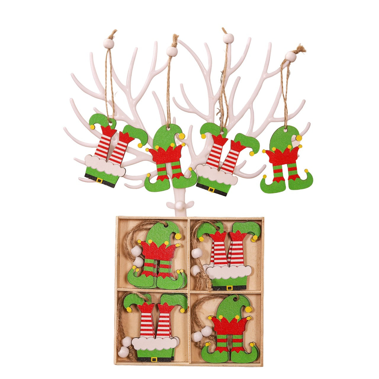 Set 12 Decoratiuni de Craciun din Lemn, cu Snur pentru Agatare in Brad, Model Caciulite 6.3x5.2 cm si Pantaloni 6.3x6 cm, Multicolor