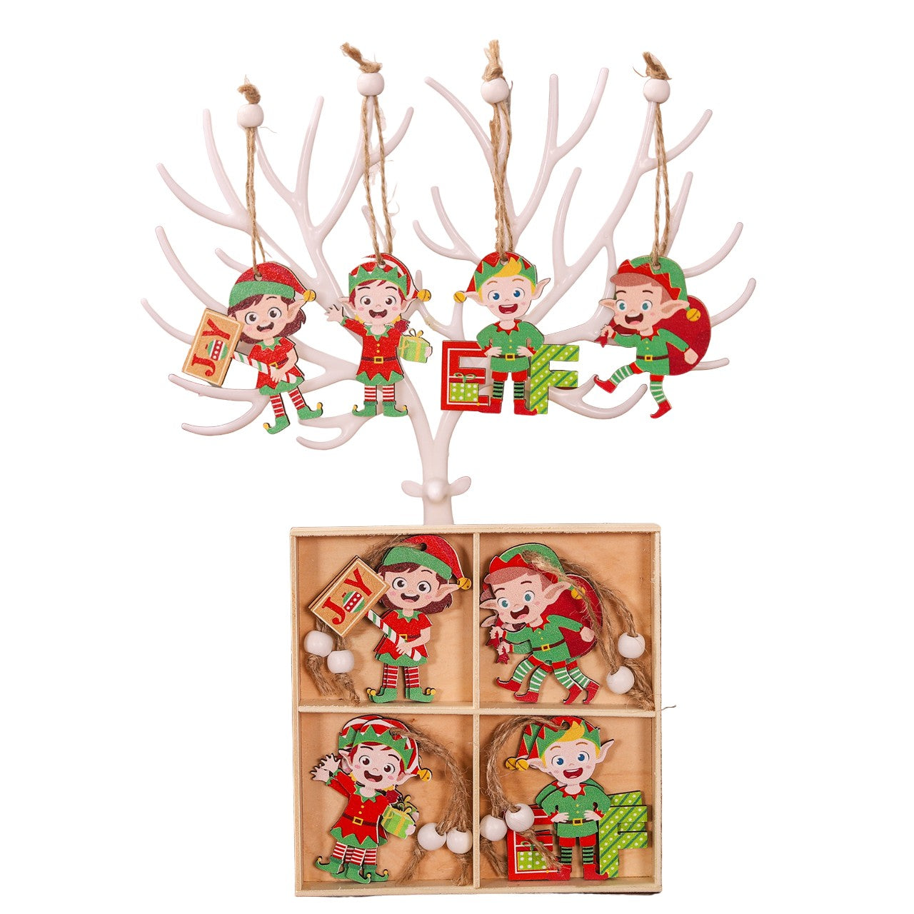 Set 12 Decoratiuni de Craciun din Lemn, cu Snur pentru Agatare in Brad, Model Elfi Diferite Dimensiuni, 4 Modele, Multicolor