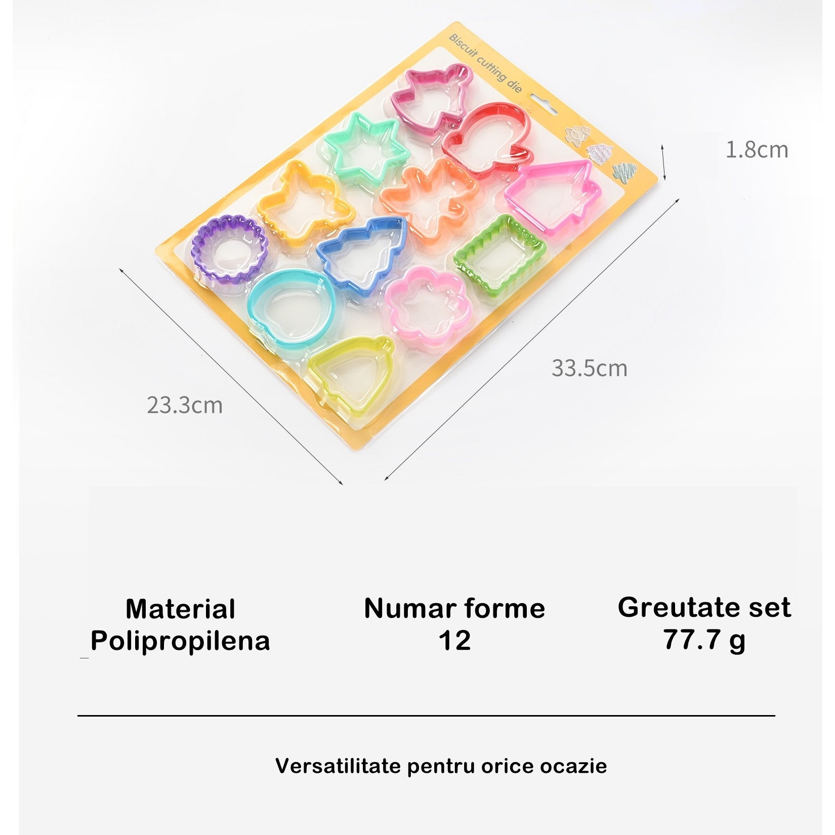 Set 12 forme pentru prajituri material polipropilena, diverse forme, pentru orice ocazie, adancime 1.6 cm, 23.3 x 33.5 x 1.8 cm, multicolor