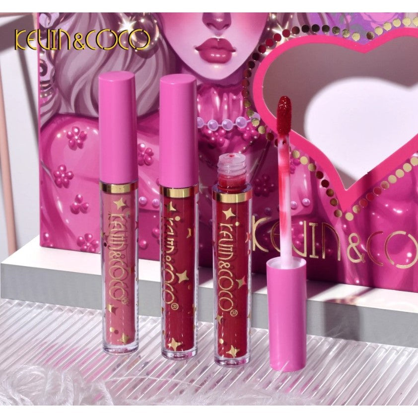 Set 12 Lip Gloss Kevin&Coco, nuante de rosu, rose, nude, cutie dreptunghiulara, 26.5x16.5x2.2 cm, 200 g, multicolor