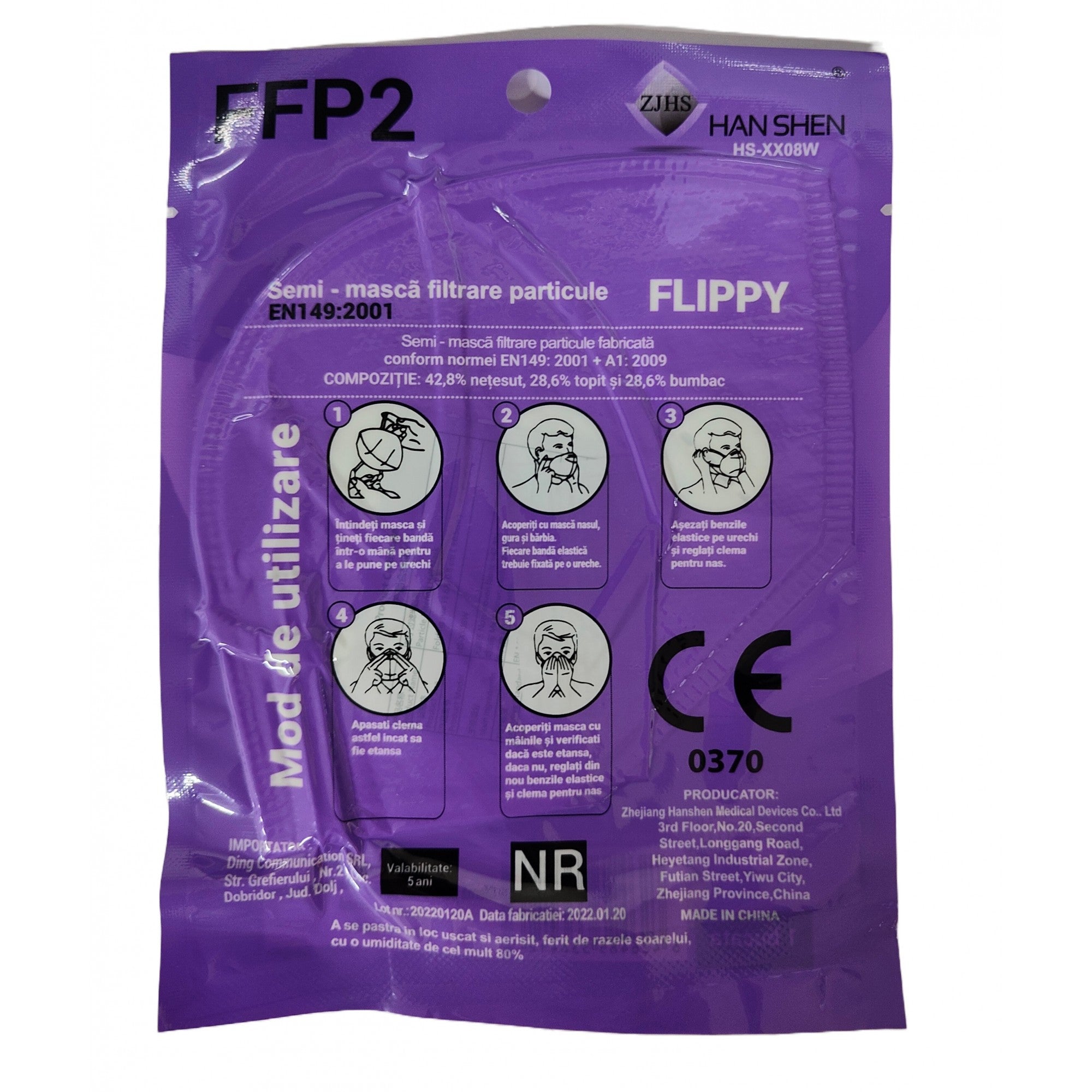 Set 15 bucati Masca de protectie faciala, de unica folosinta pentru adulti, FFP2, KN95 CE 0370, 5 straturi, nesterila, ambalaj individual, Alb