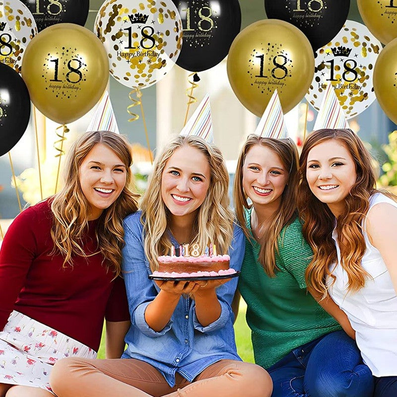 Set 18 Baloane Majorat, Flippy, din Latex, Metalizate, Mesaj 18 Happy Birthday, 30 cm, cu Confetti, Auriu/Negru