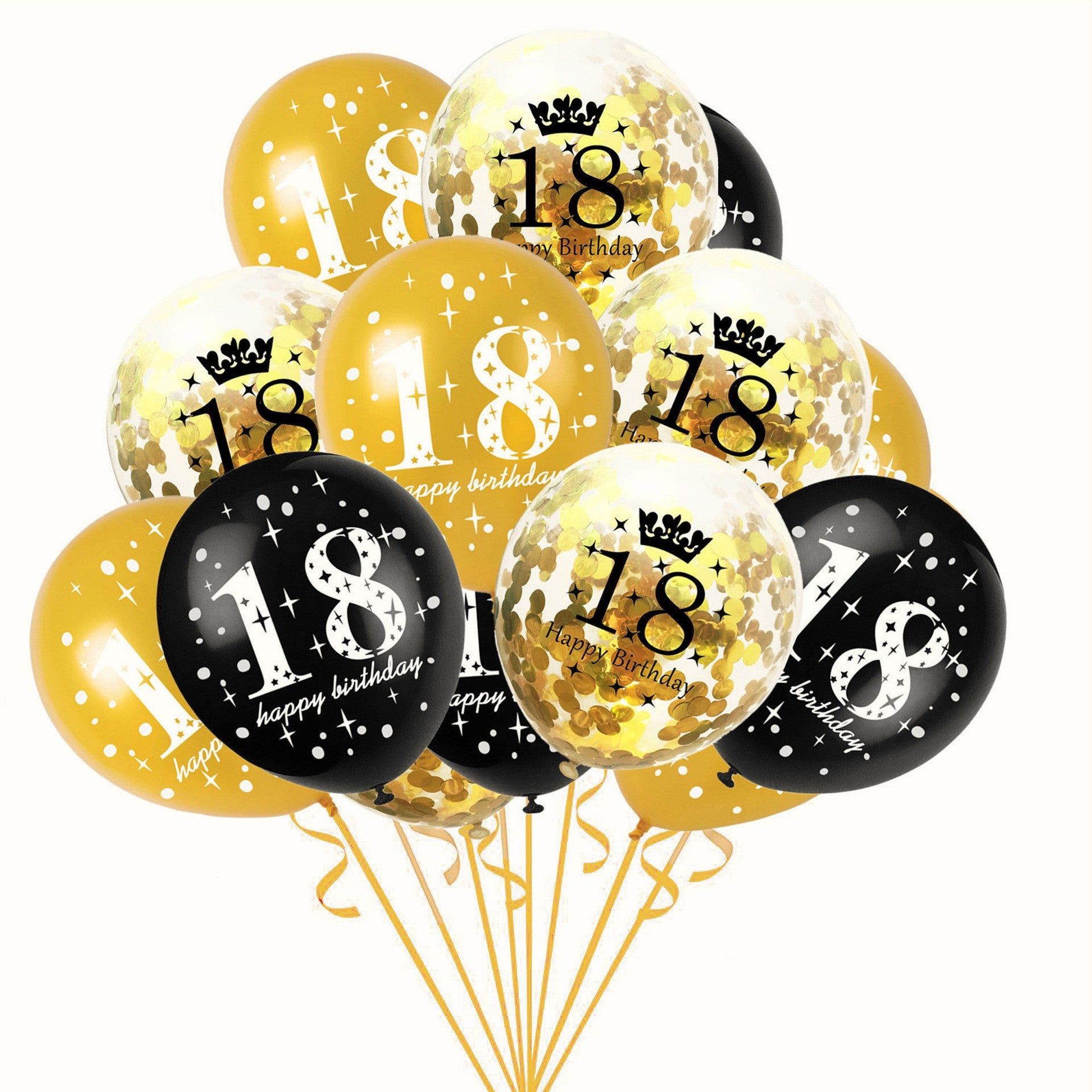 Set 18 Baloane Majorat, Flippy, din Latex, Metalizate, Mesaj 18 Happy Birthday, 30 cm, cu Confetti, Auriu/Negru