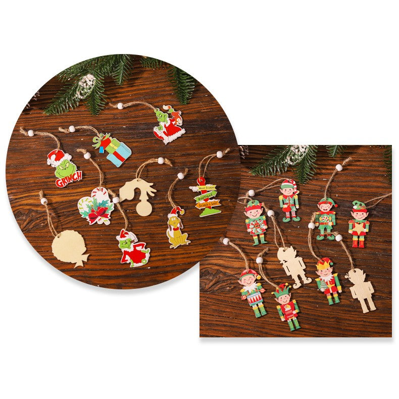 Set 18 Decoratiuni de Craciun din Lemn, cu Snur pentru Agatare in Brad, Model Grinch, Diferite Dimensiuni, Multicolor