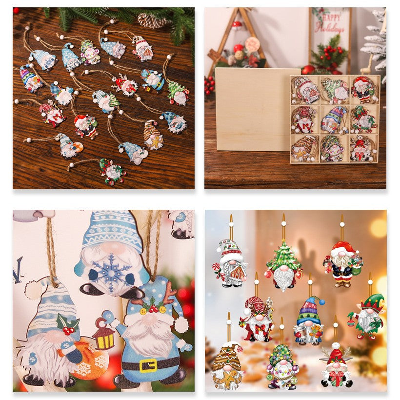 Set 18 Decoratiuni de Craciun din Lemn, cu Snur pentru Agatare in Brad, Model Gnomi, Diferite Dimensiuni, Multicolor