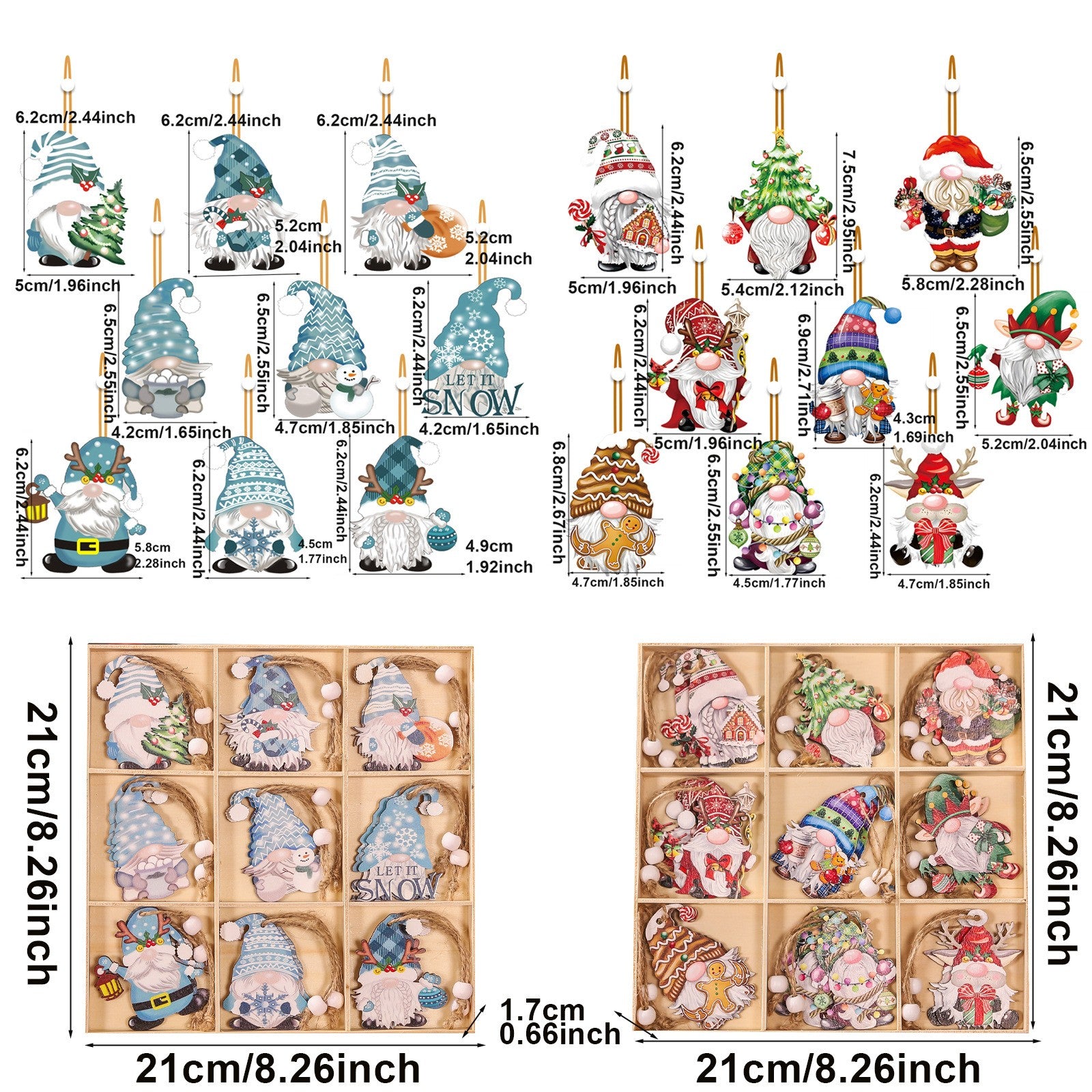 Set 18 Decoratiuni de Craciun din Lemn, cu Snur pentru Agatare in Brad, Model Gnomi, Diferite Dimensiuni, Multicolor
