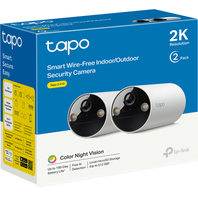 CAMERA IP Exterior cu acumulatori TP-LINK, IP66, dist. IR 15 m, tip lentila fixa 3.15 mm, 3 Mpx rezolutie 2K, RJ-45 + wireless, microfon, carcasa plastic, include 2 bucati, "Tapo C410(2-pack)"