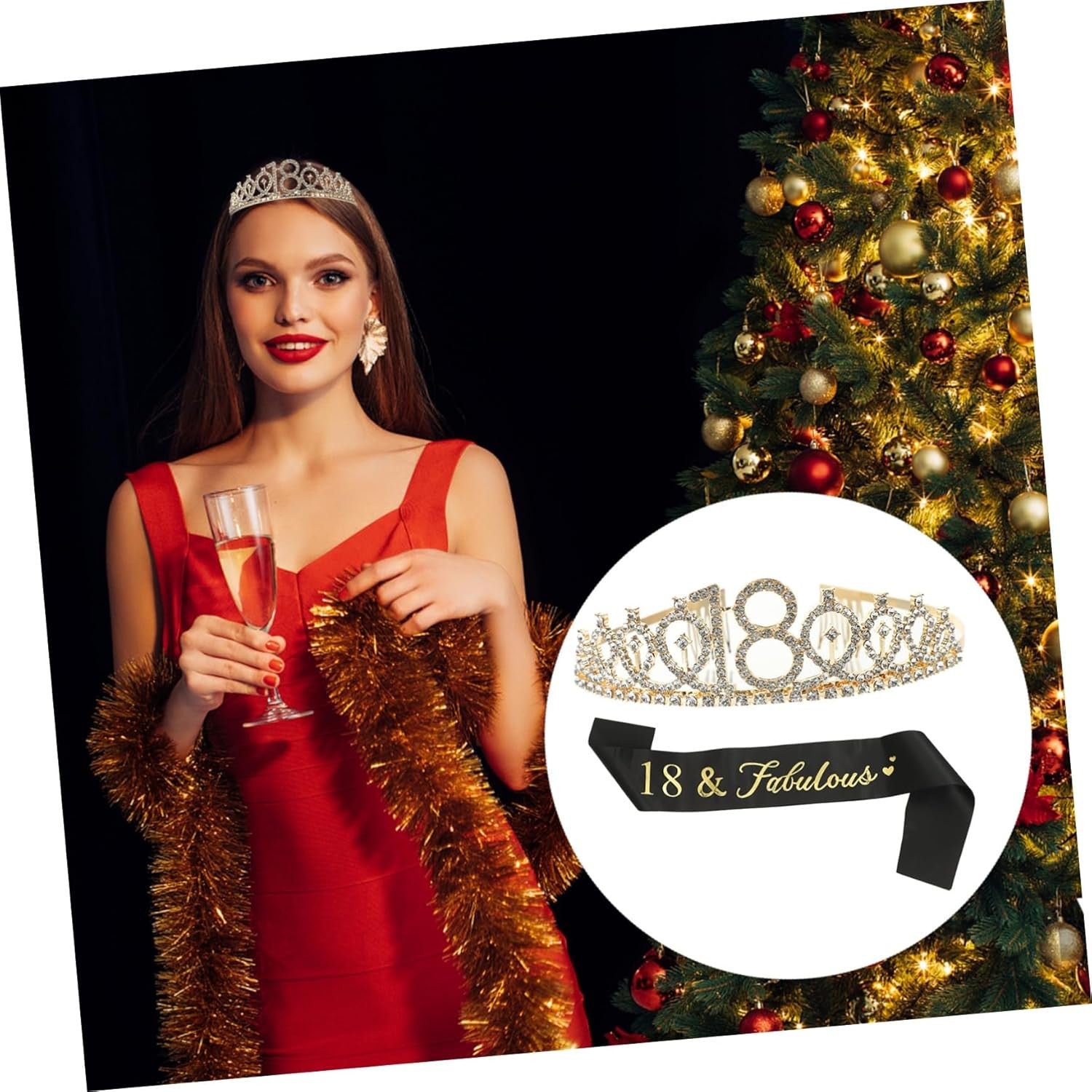Set 2 Piese pentru Majorat, 15 x 13 x 5 cm, Coronita Printesa Gold si Panglica 18&amp;Fabulous, Negru
