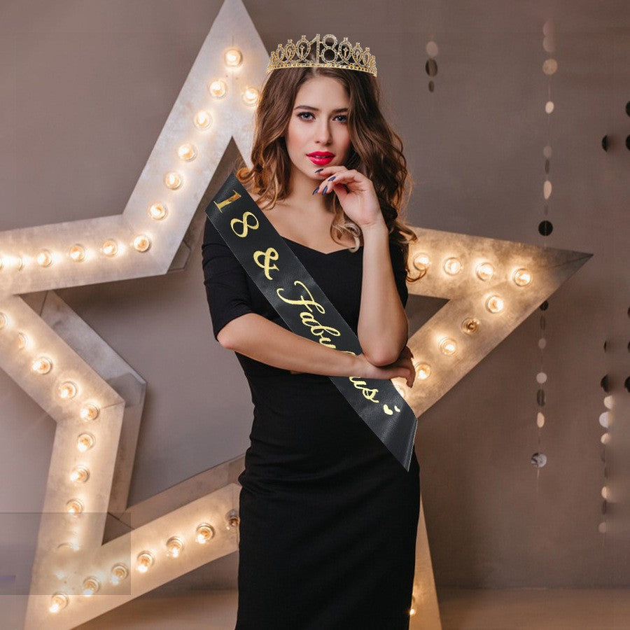 Set 2 Piese pentru Majorat, 15 x 13 x 5 cm, Coronita Printesa Gold si Panglica 18&amp;Fabulous, Negru