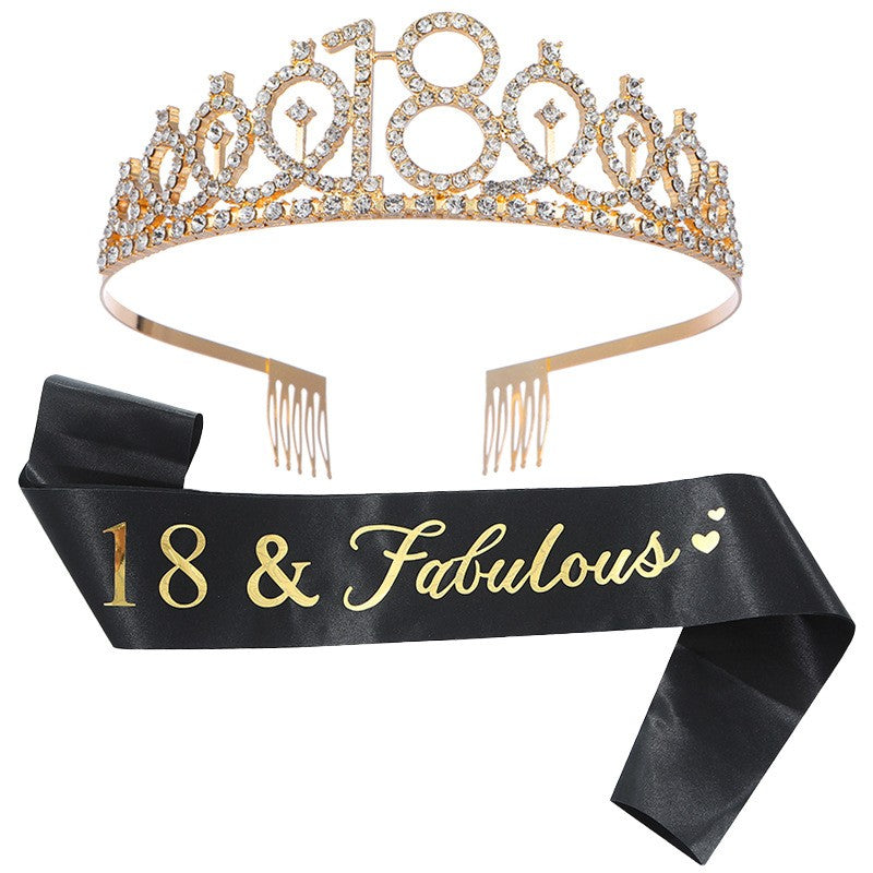 Set 2 Piese pentru Majorat, 15 x 13 x 5 cm, Coronita Printesa Gold si Panglica 18&amp;Fabulous, Negru