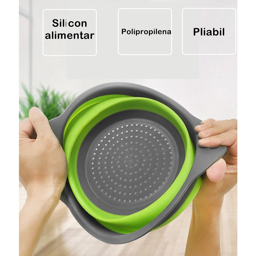 Set 2 strecuratori pliabile din silicon alimentar cu manere, fund antiaderent si antialunecare, rotunda, doua dimensiuni, usor de depozitat, compatibil cu masina de spalat vase, verde