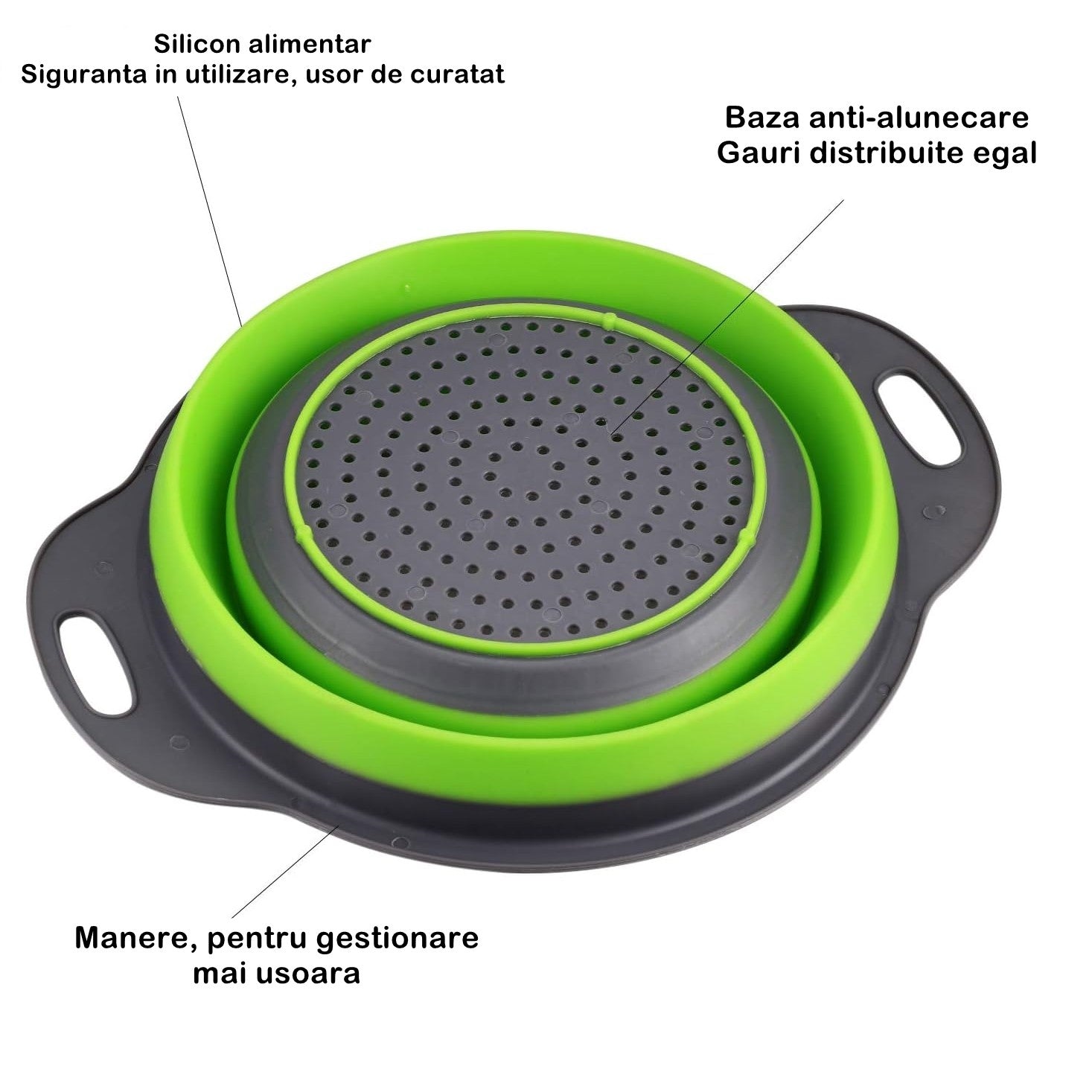 Set 2 strecuratori pliabile din silicon alimentar cu manere, fund antiaderent si antialunecare, rotunda, doua dimensiuni, usor de depozitat, compatibil cu masina de spalat vase, verde