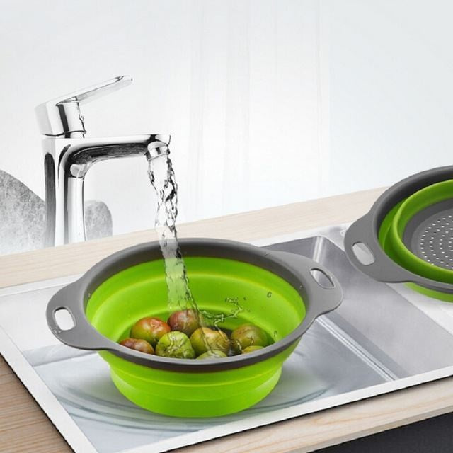 Set 2 strecuratori pliabile din silicon alimentar cu manere, fund antiaderent si antialunecare, rotunda, doua dimensiuni, usor de depozitat, compatibil cu masina de spalat vase, verde