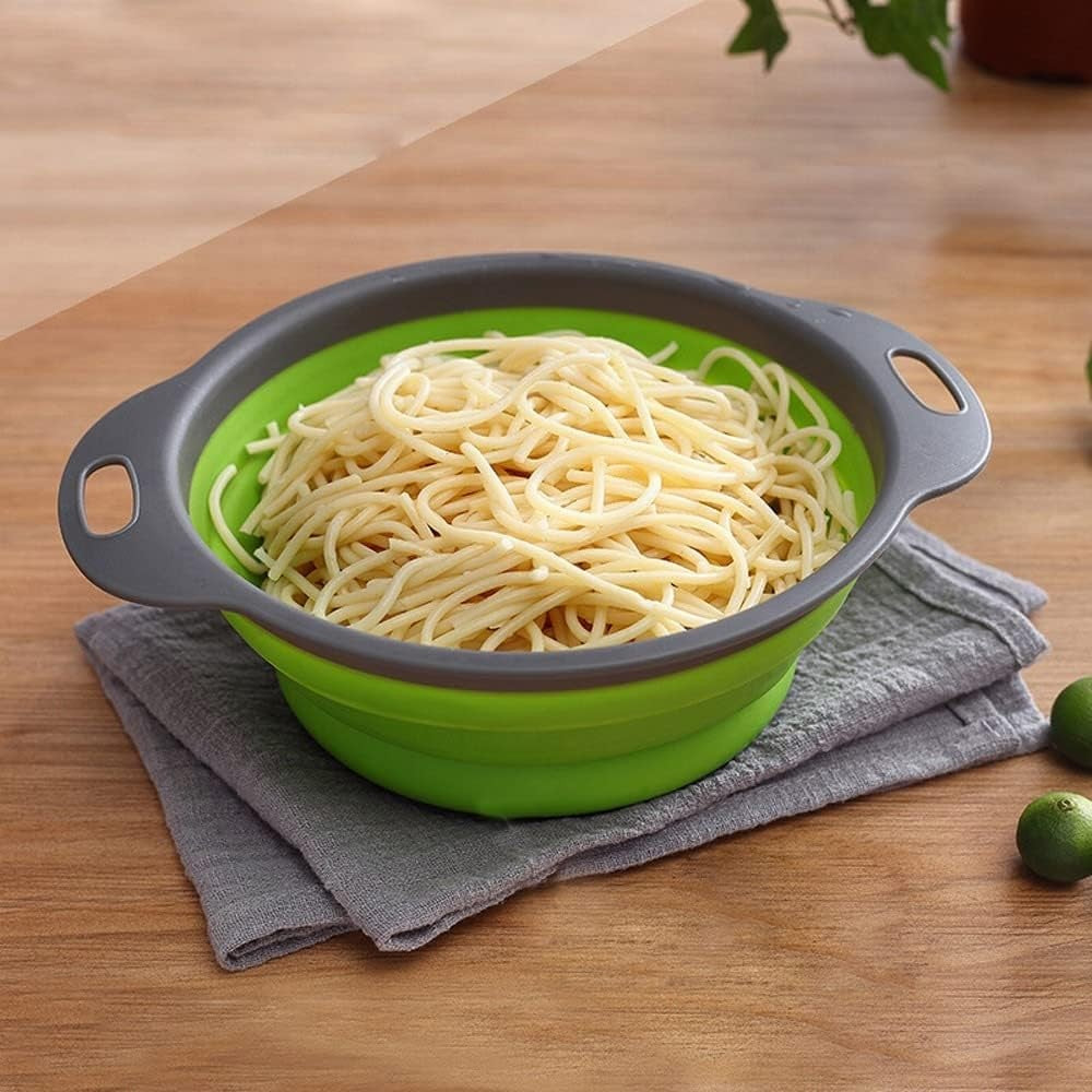 Set 2 strecuratori pliabile din silicon alimentar cu manere, fund antiaderent si antialunecare, rotunda, doua dimensiuni, usor de depozitat, compatibil cu masina de spalat vase, verde