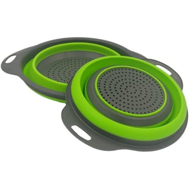 Set 2 strecuratori pliabile din silicon alimentar cu manere, fund antiaderent si antialunecare, rotunda, doua dimensiuni, usor de depozitat, compatibil cu masina de spalat vase, verde