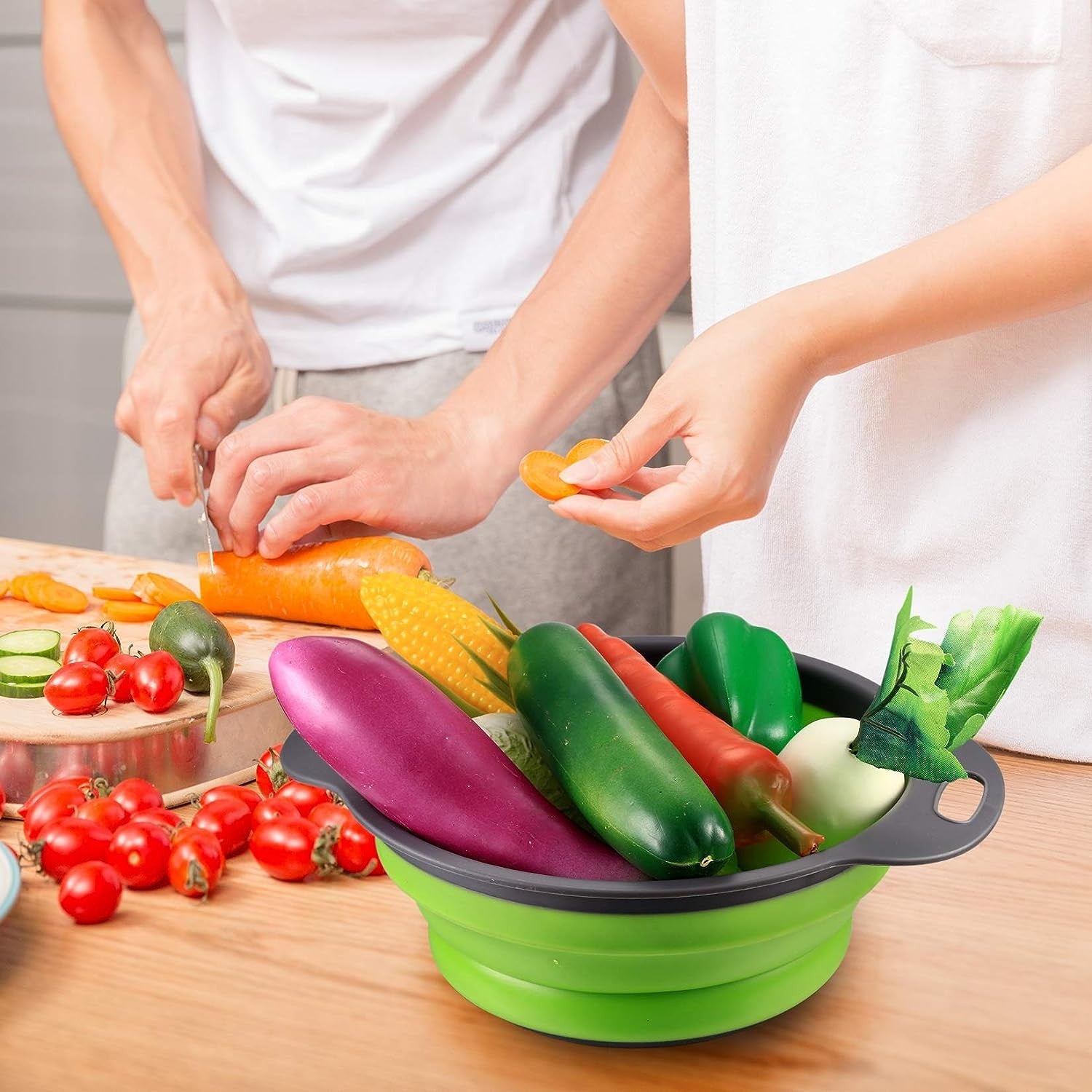 Set 2 strecuratori pliabile din silicon alimentar cu manere, fund antiaderent si antialunecare, rotunda, doua dimensiuni, usor de depozitat, compatibil cu masina de spalat vase, verde