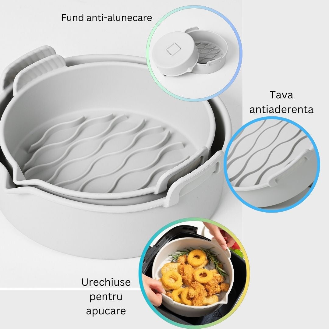Set 2 tavi din silicon ecologic pentru air fryer temperatura maxima 230 grade, reutilizabile, reciclabile, cu manere anti-alunecare, fund antiaderent, 18.7 x 19.5 x 7 cm, gri