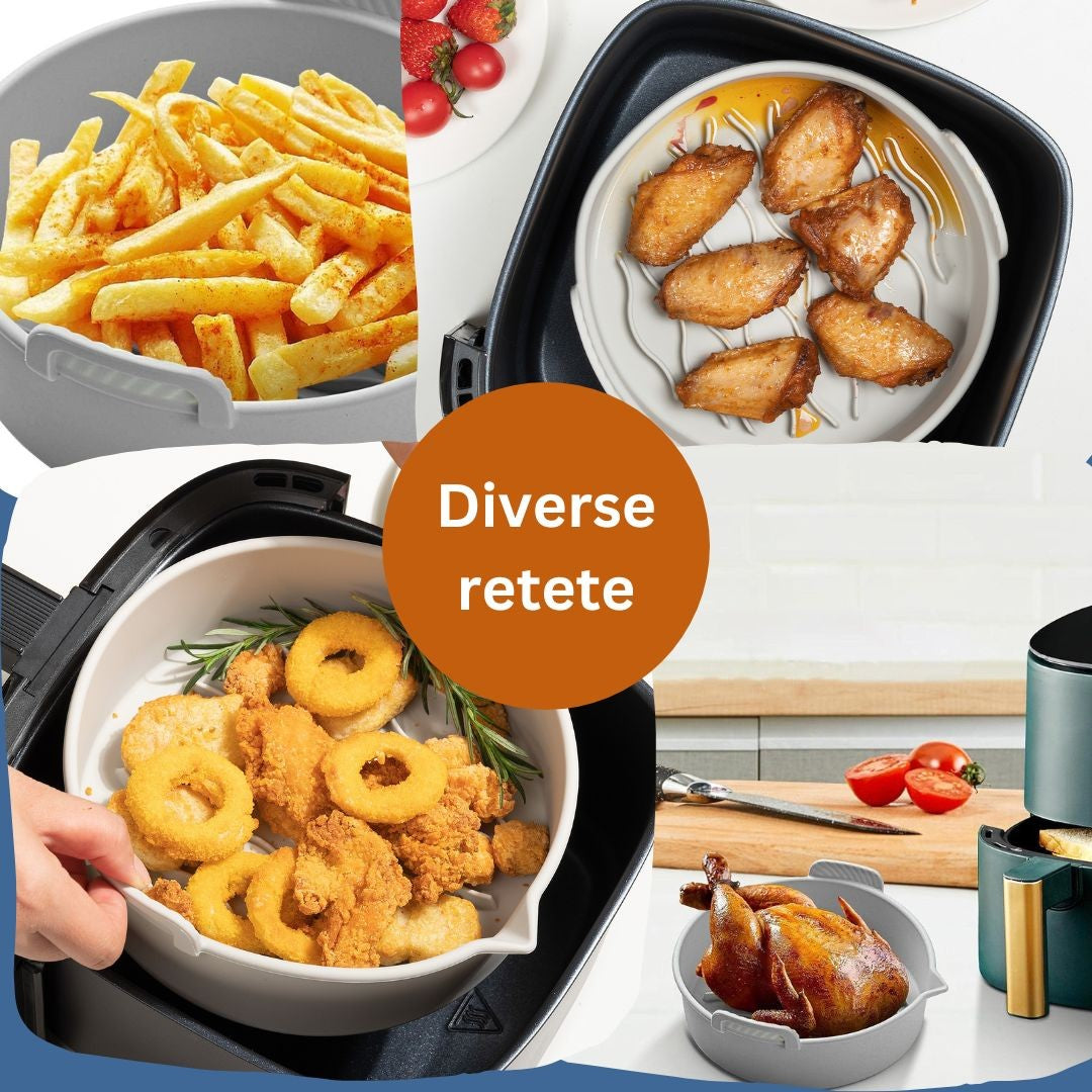 Set 2 tavi din silicon ecologic pentru air fryer temperatura maxima 230 grade, reutilizabile, reciclabile, cu manere anti-alunecare, fund antiaderent, 18.7 x 19.5 x 7 cm, gri