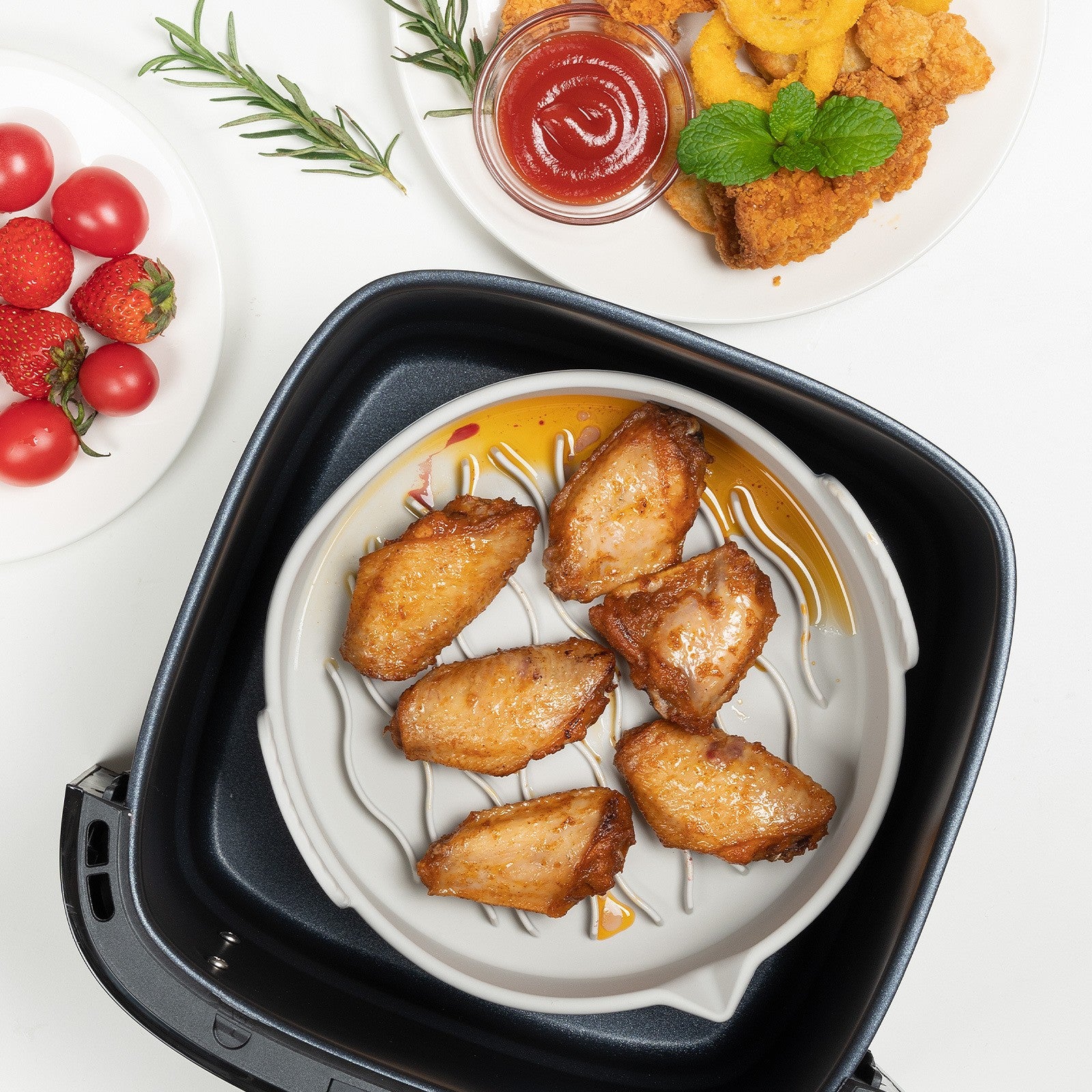 Set 2 tavi din silicon ecologic pentru air fryer temperatura maxima 230 grade, reutilizabile, reciclabile, cu manere anti-alunecare, fund antiaderent, 18.7 x 19.5 x 7 cm, gri