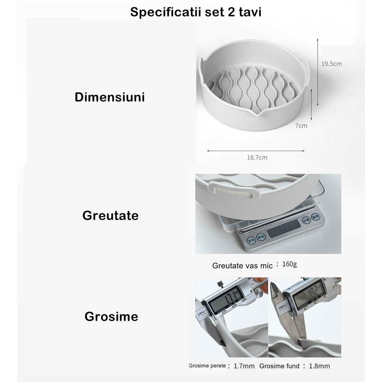 Set 2 tavi din silicon ecologic pentru air fryer temperatura maxima 230 grade, reutilizabile, reciclabile, cu manere anti-alunecare, fund antiaderent, 18.7 x 19.5 x 7 cm, gri