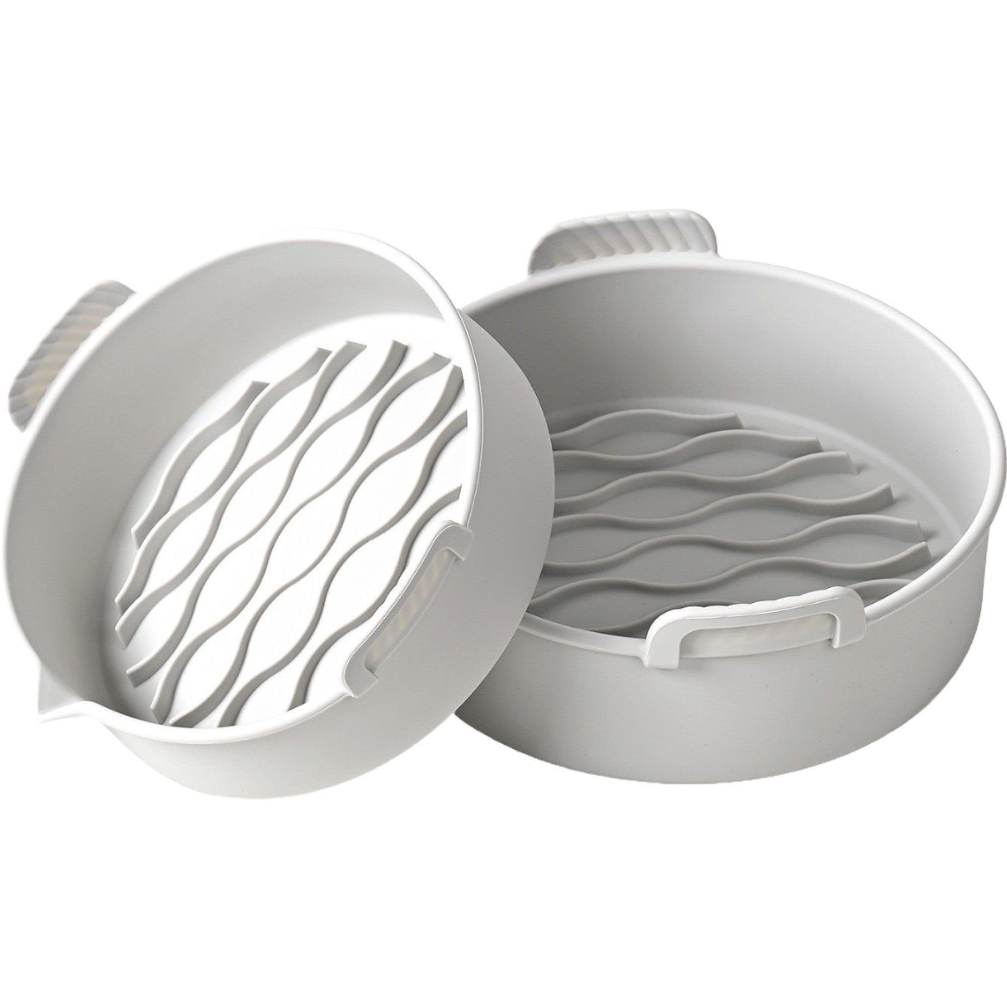 Set 2 tavi din silicon ecologic pentru air fryer temperatura maxima 230 grade, reutilizabile, reciclabile, cu manere anti-alunecare, fund antiaderent, 18.7 x 19.5 x 7 cm, gri